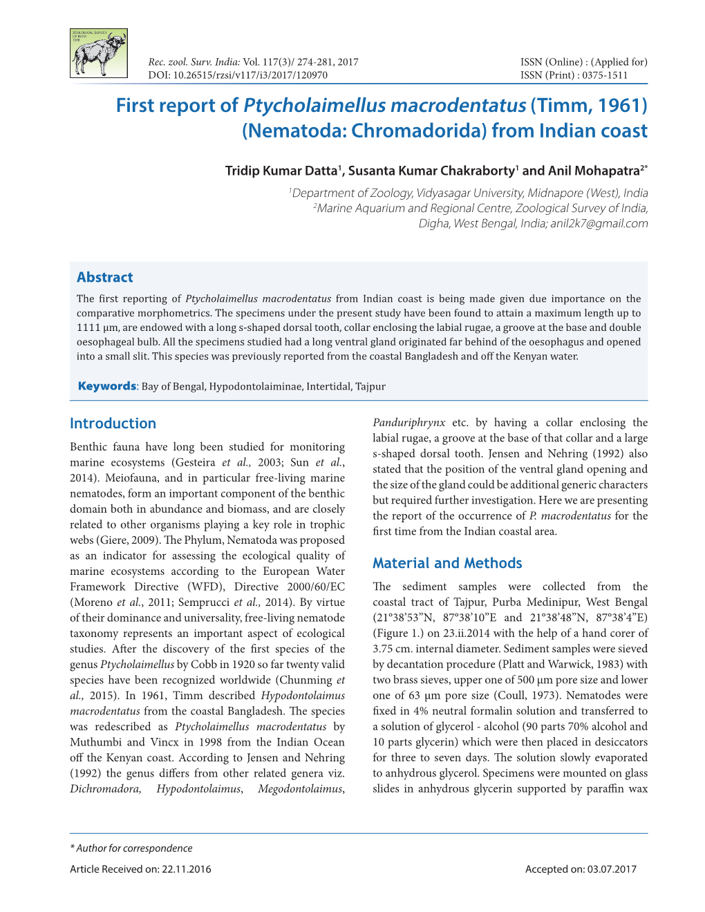 First Report of Ptycholaimellus Macrodentatus (Timm, 1961) (Nematoda: Chromadorida) from Indian Coast