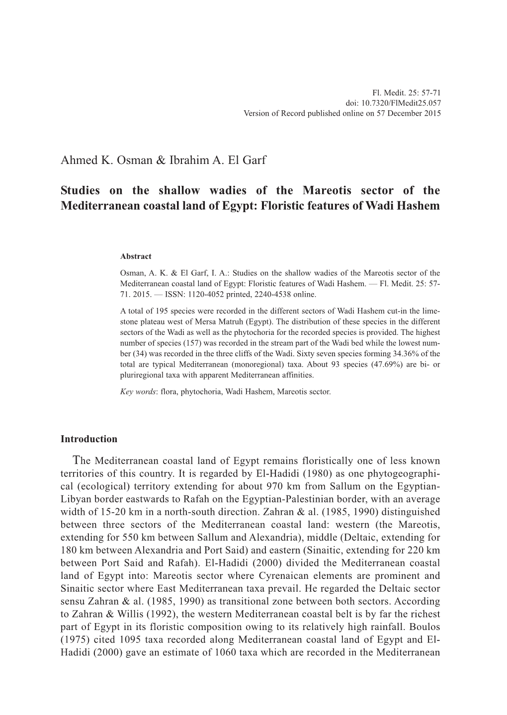 Ahmed K. Osman & Ibrahim A. El Garf Studies on the Shallow Wadies of the Mareotis Sector of the Mediterranean Coastal Land O