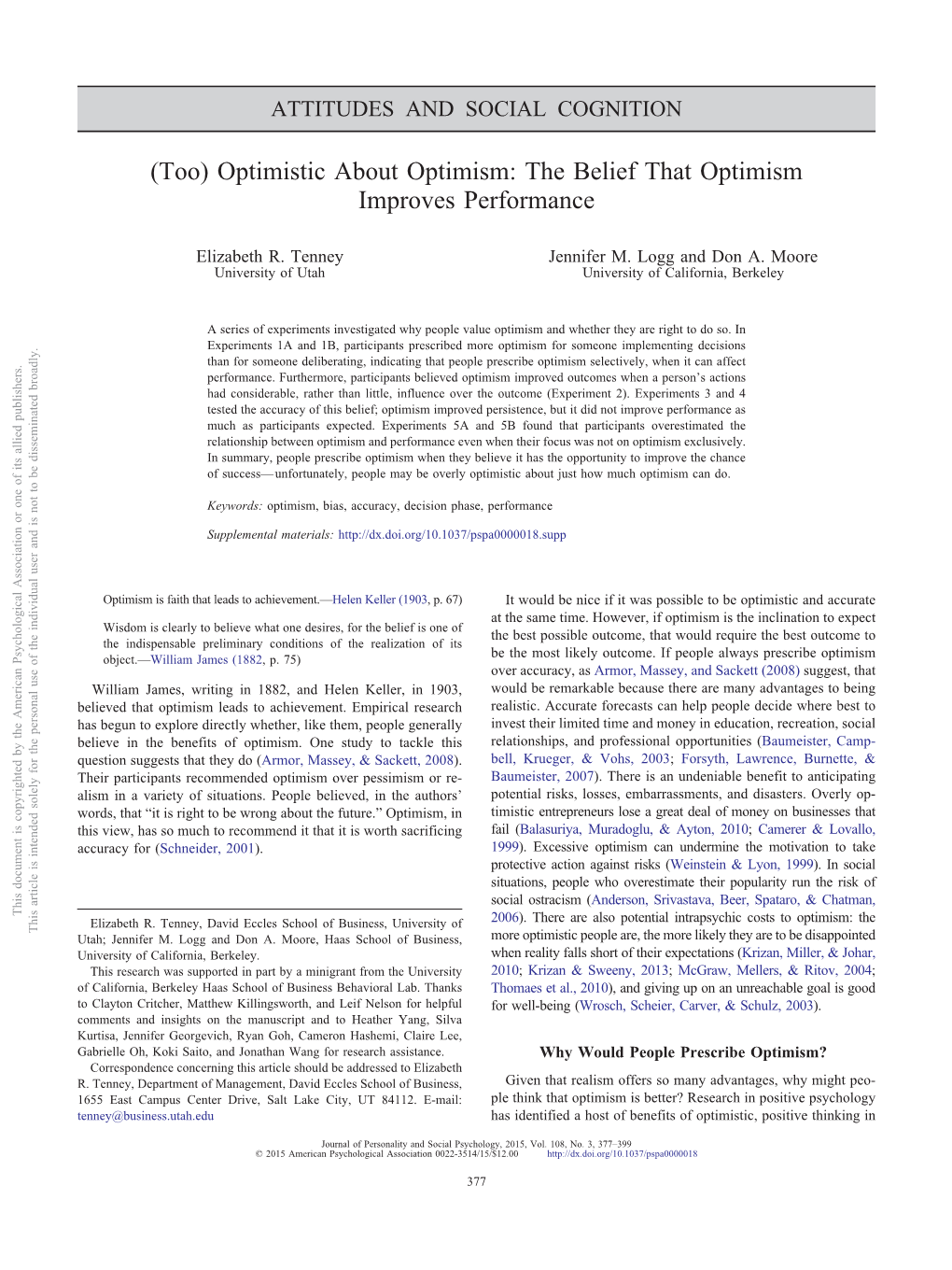 Optimistic About Optimism: the Belief That Optimism Improves Performance