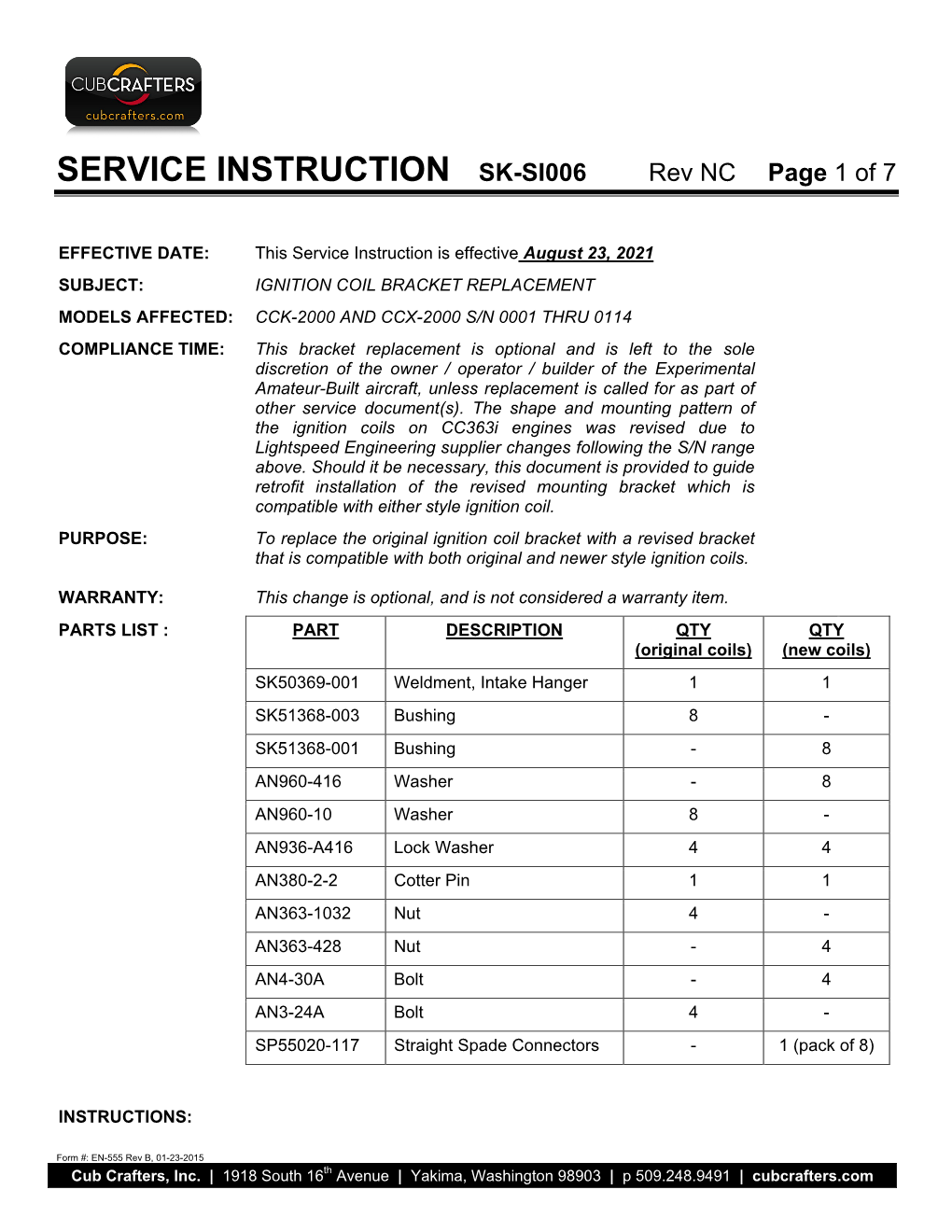 SERVICE INSTRUCTION SK-SI006 Rev NC Page 1 of 7