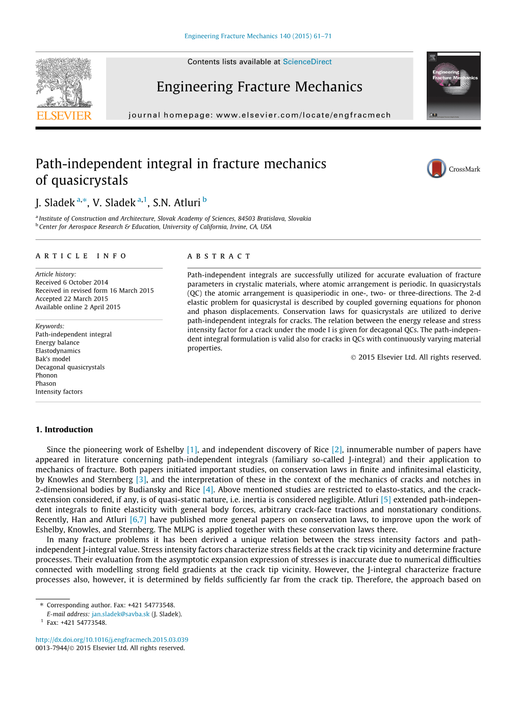 Path-Independent Integral in Fracture Mechanics of Quasicrystals ⇑ J