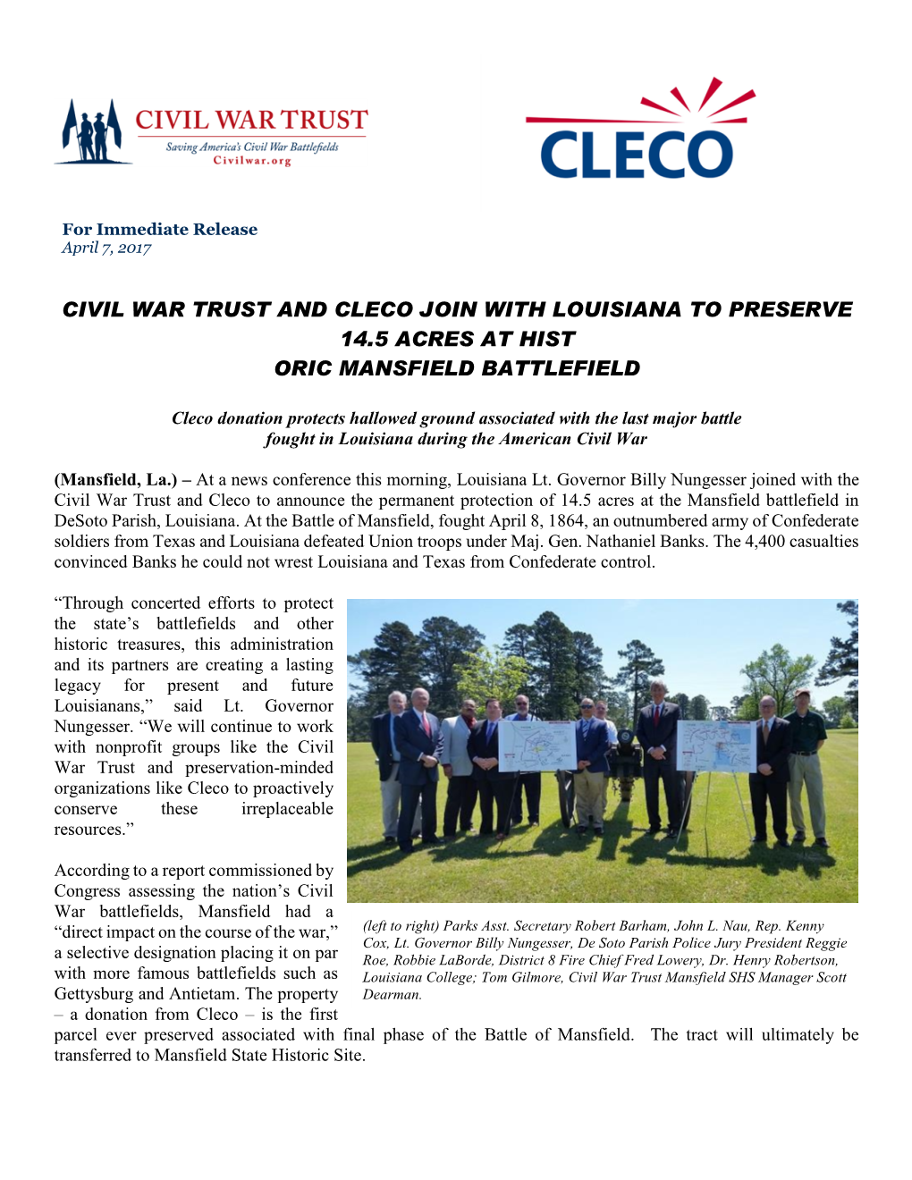 Civil War Trust and Cleco Join with Louisiana to Preserve Land At