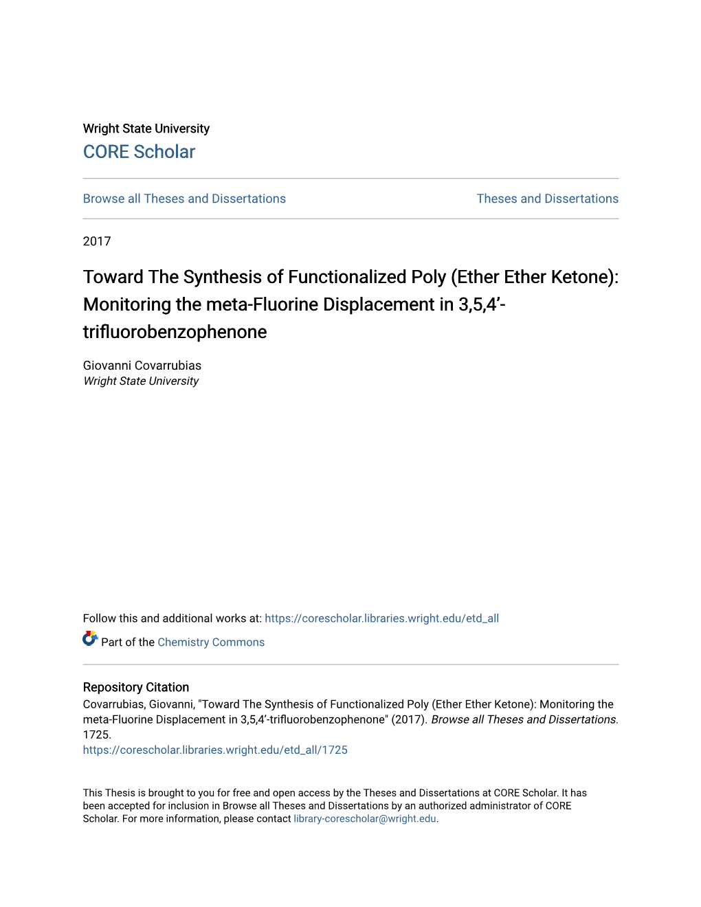 Ether Ether Ketone): Monitoring the Meta-Fluorine Displacement in 3,5,4’- Trifluorobenzophenone