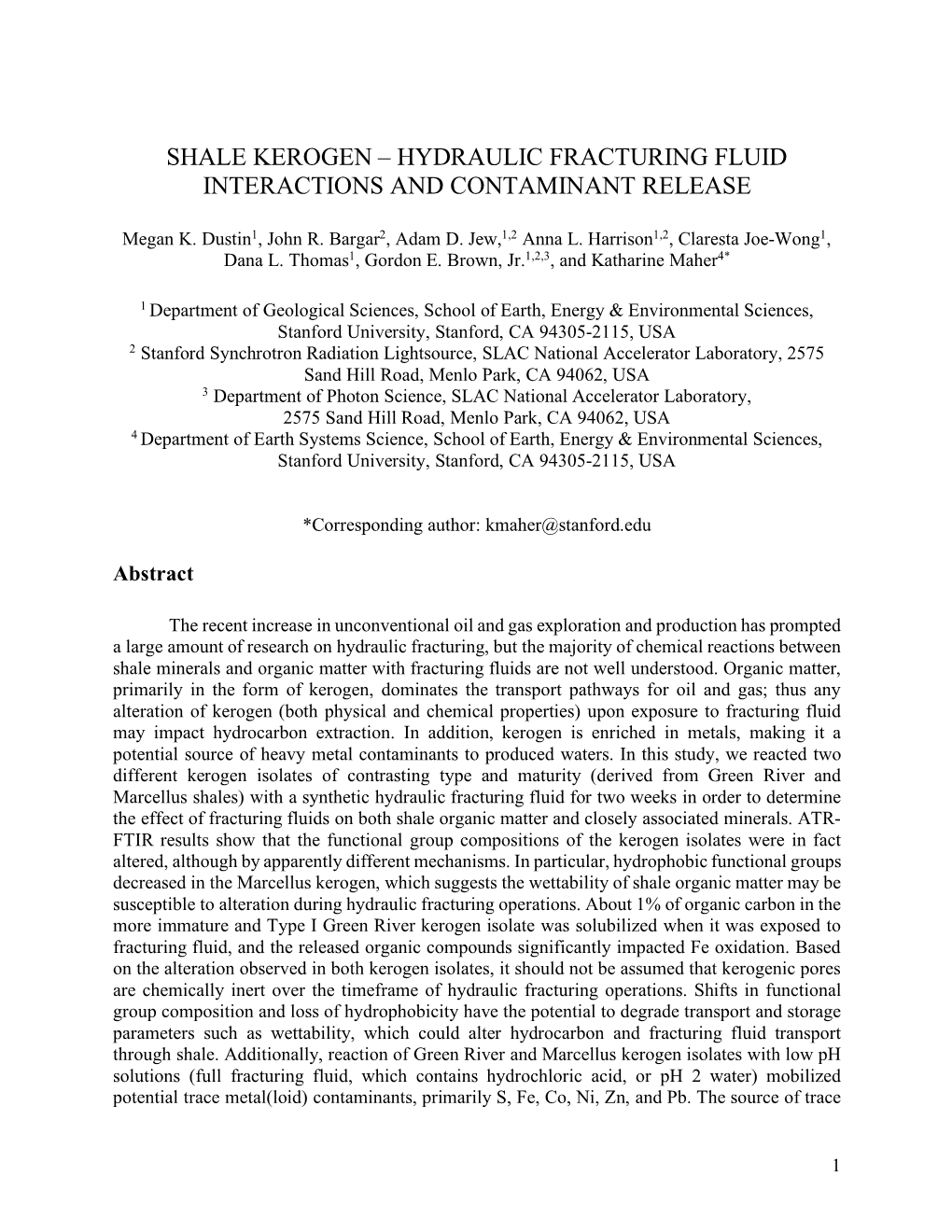 Shale Kerogen – Hydraulic Fracturing Fluid Interactions and Contaminant Release