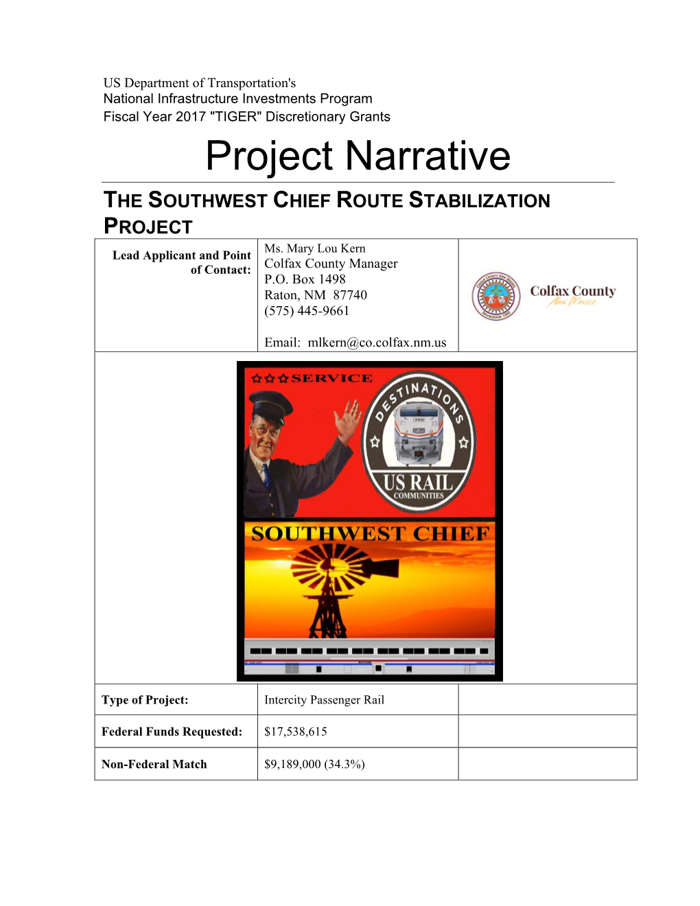 Project Narrative the SOUTHWEST CHIEF ROUTE STABILIZATION PROJECT Ms