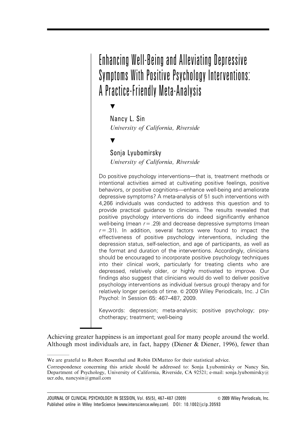 Enhancing Well-Being and Alleviating Depressive Symptoms with Positive Psychology Interventions