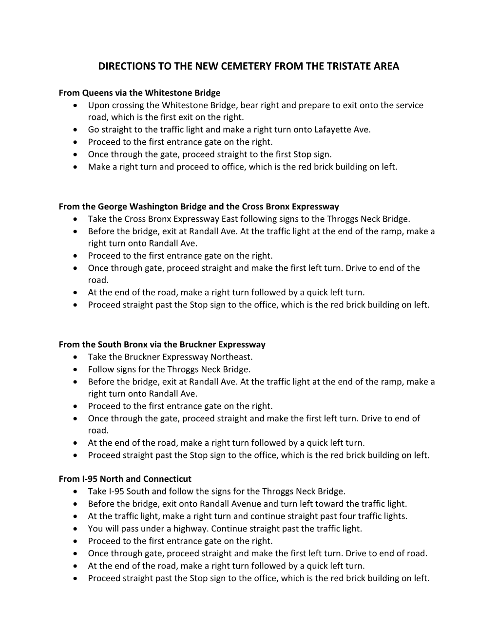 Directions to the New Cemetery from the Tristate Area