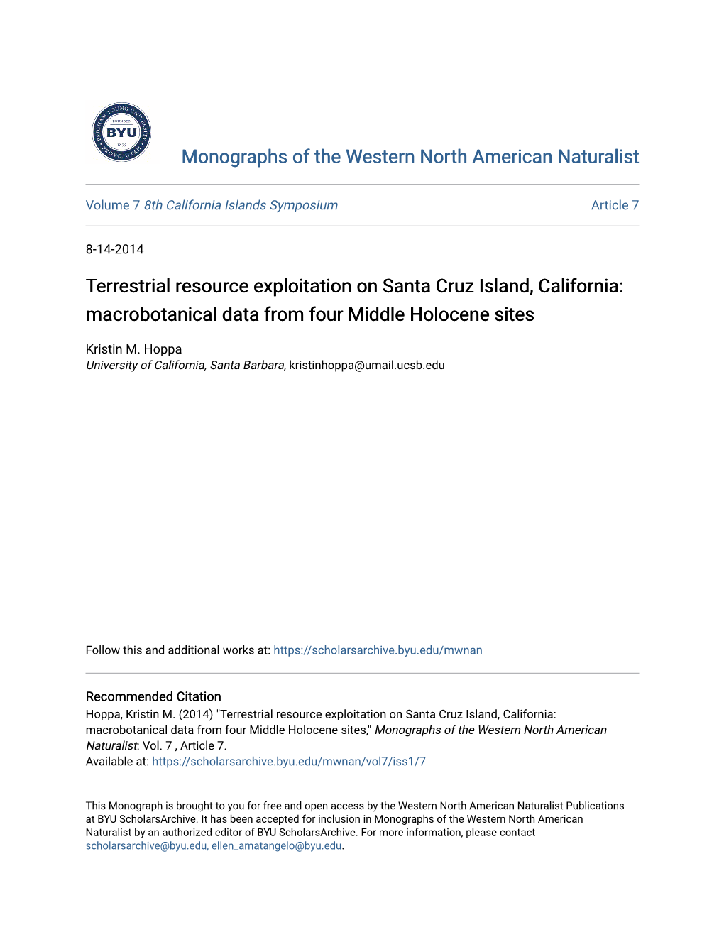 Terrestrial Resource Exploitation on Santa Cruz Island, California: Macrobotanical Data from Four Middle Holocene Sites