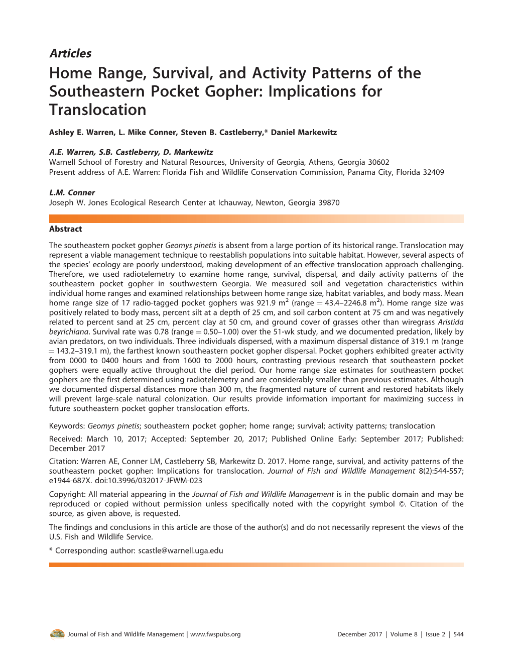 Home Range, Survival, and Activity Patterns of the Southeastern Pocket Gopher: Implications for Translocation