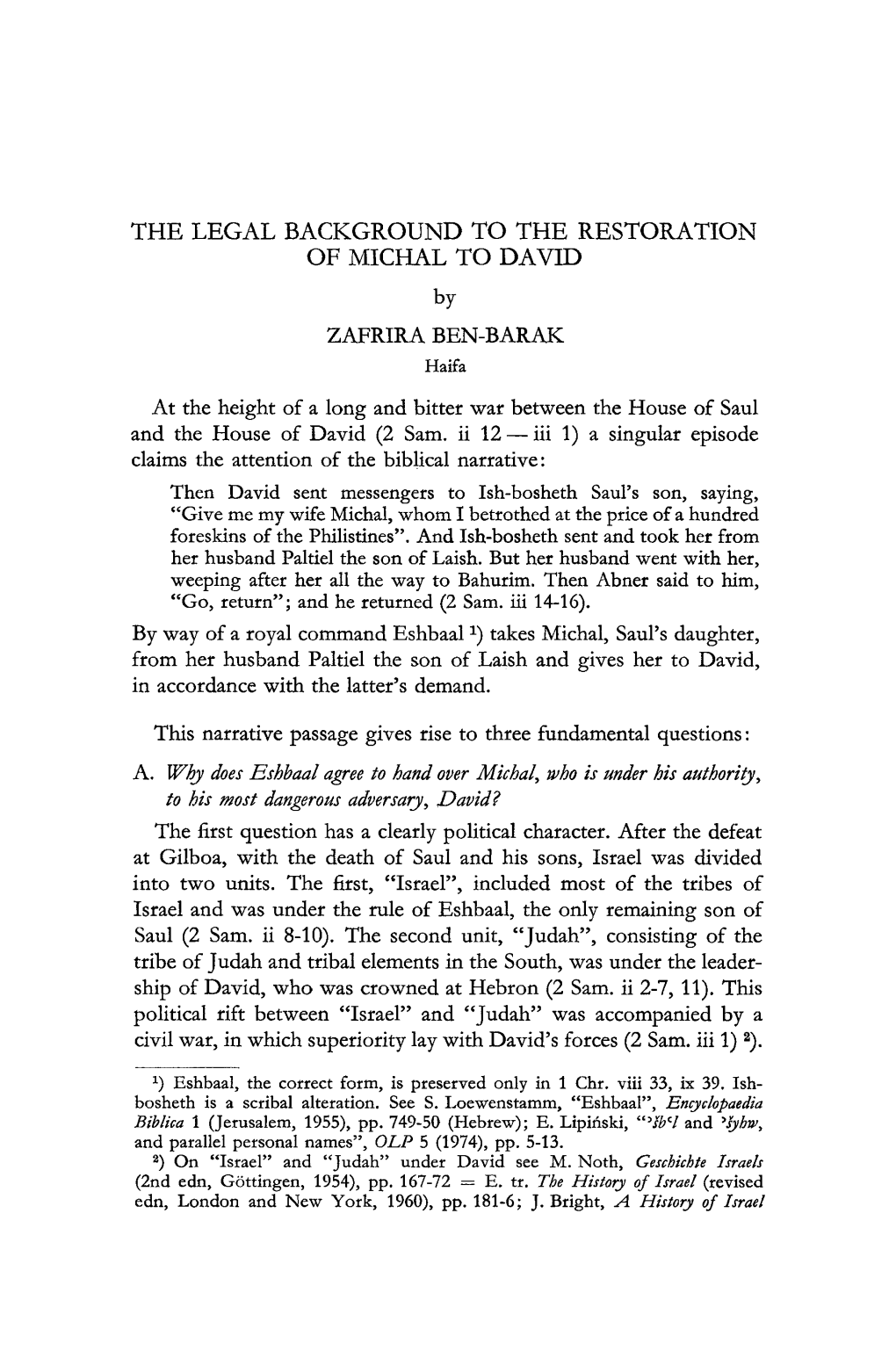 THE LEGAL BACKGROUND to the RESTORATION of MICHAL to DAVID by ZAFRIRA BEN-BARAK Haifa