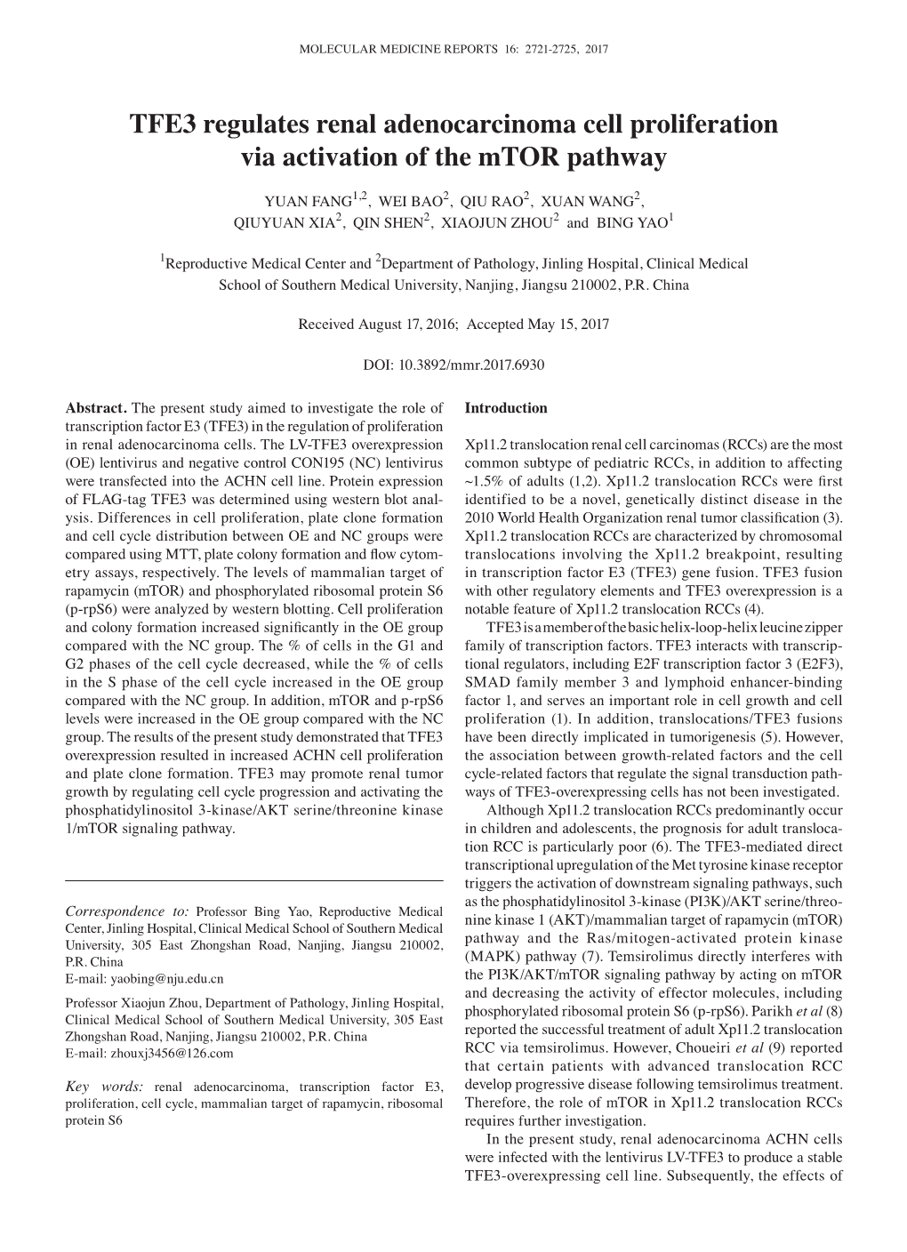 TFE3 Regulates Renal Adenocarcinoma Cell Proliferation Via Activation of the Mtor Pathway