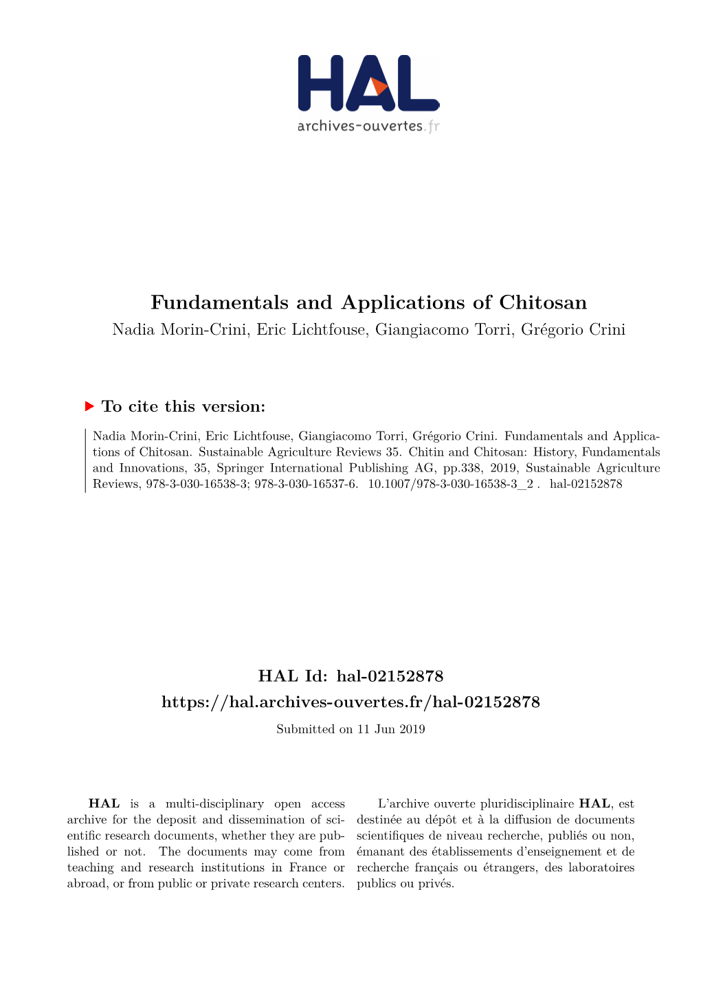 Fundamentals and Applications of Chitosan Nadia Morin-Crini, Eric Lichtfouse, Giangiacomo Torri, Grégorio Crini