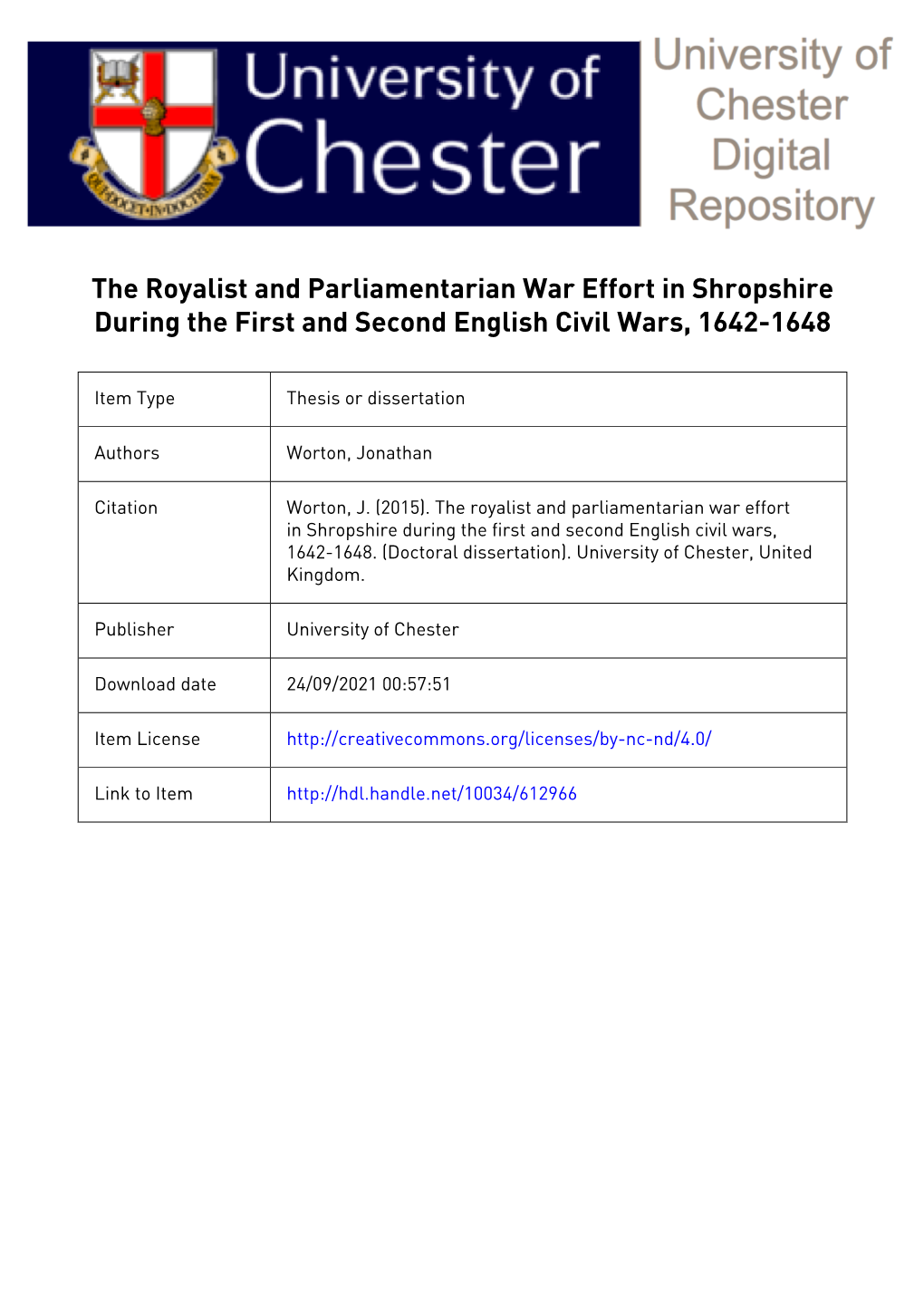 The Royalist and Parliamentarian War Effort in Shropshire During the First and Second English Civil Wars, 1642-1648