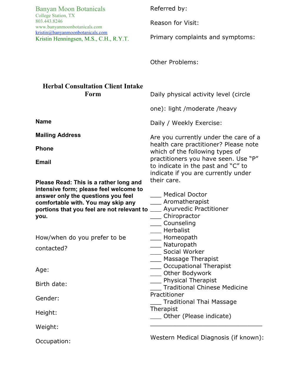 Herbal Consultation Client Intake Form