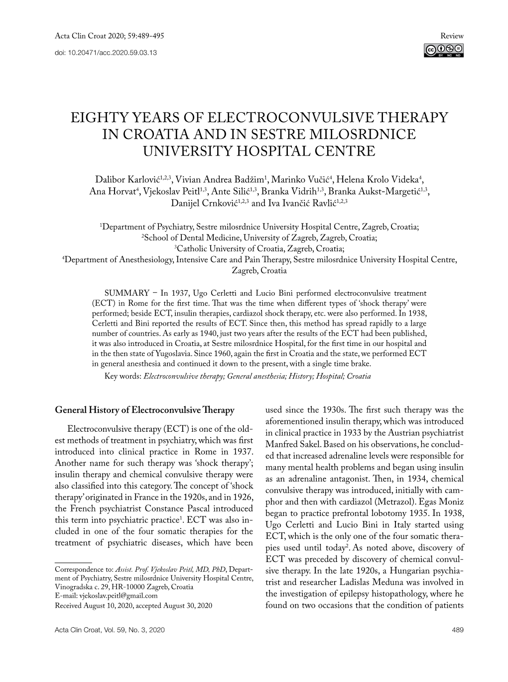 Eighty Years of Electroconvulsive Therapy in Croatia and in Sestre Milosrdnice University Hospital Centre