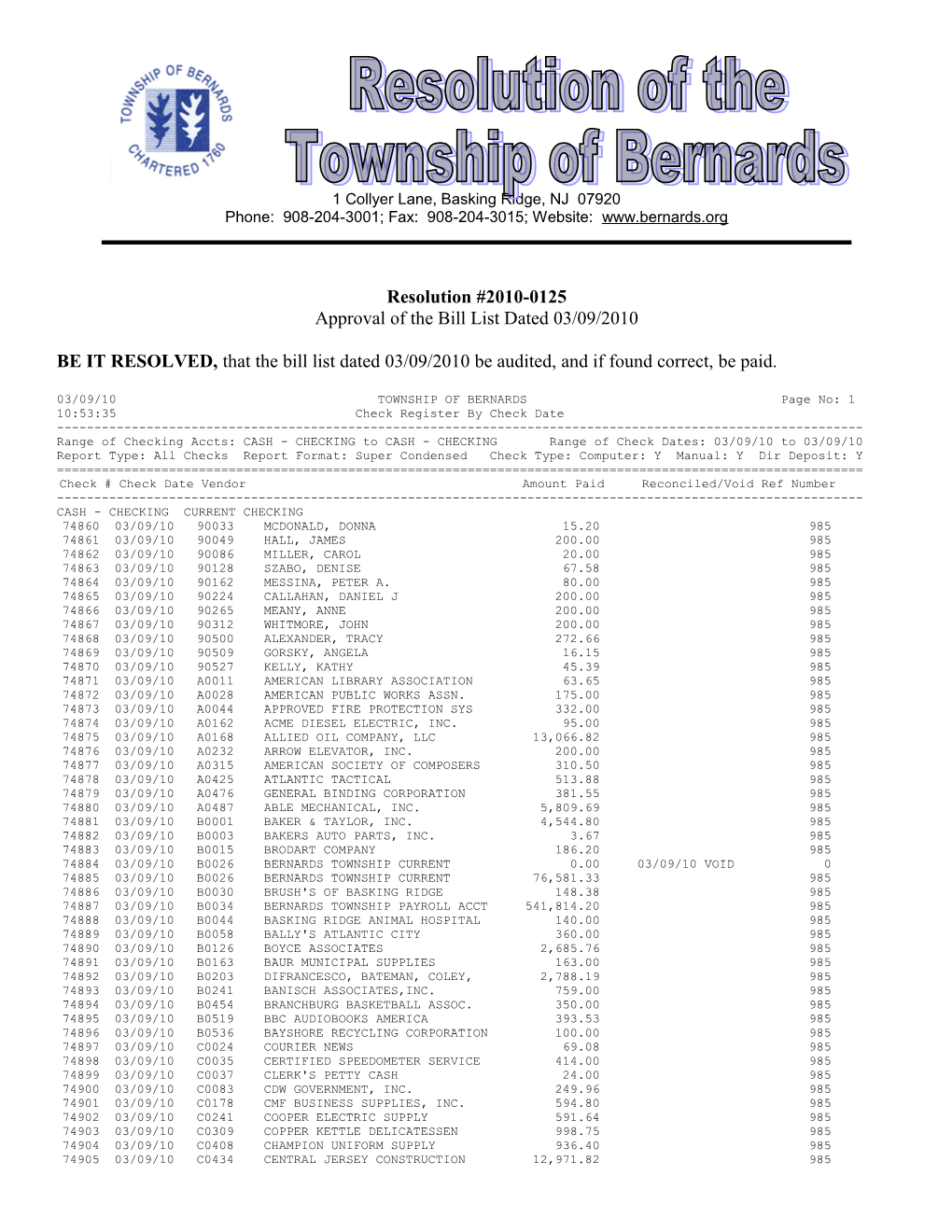 Approval of the Bill List Dated 03/09/2010