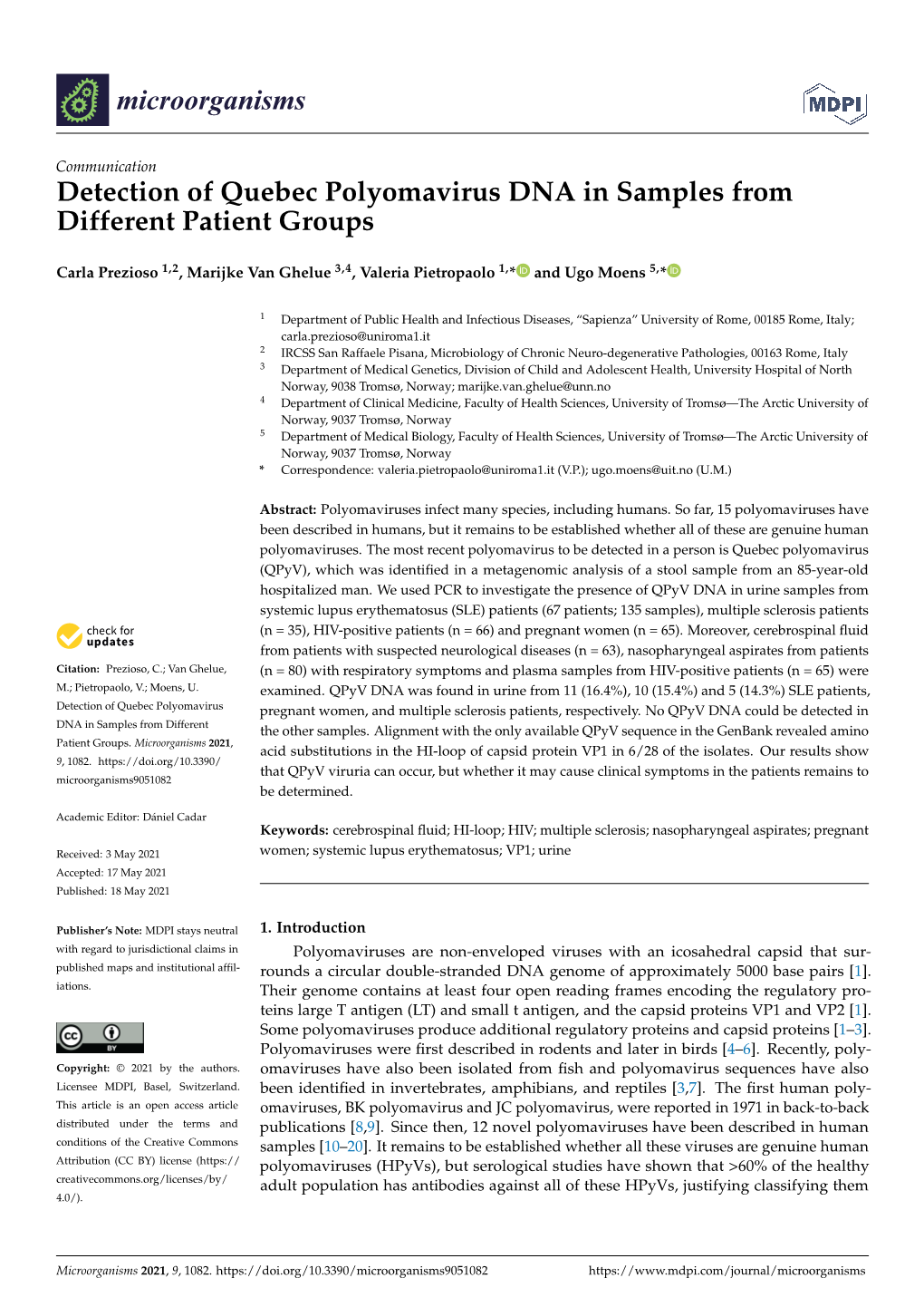 Detection of Quebec Polyomavirus DNA in Samples from Different Patient Groups