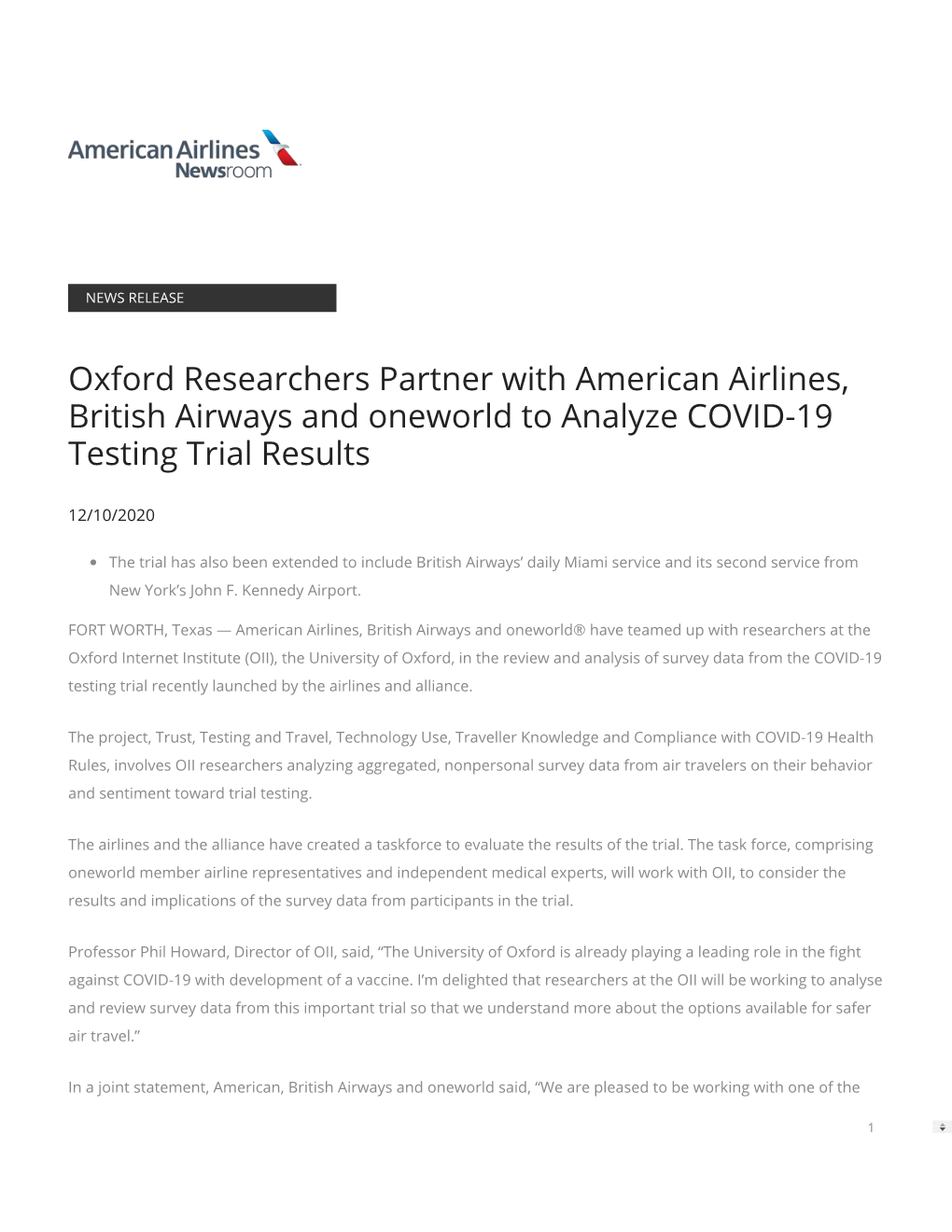 Oxford Researchers Partner with American Airlines, British Airways and Oneworld to Analyze COVID-19 Testing Trial Results