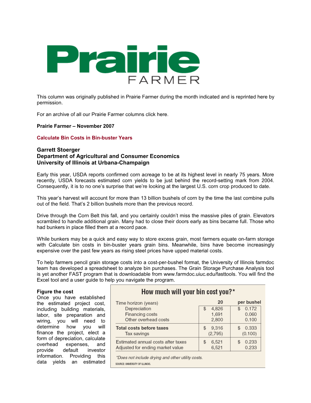 This Column Was Originally Published in Prairie Farmer During the Month Indicated and Is