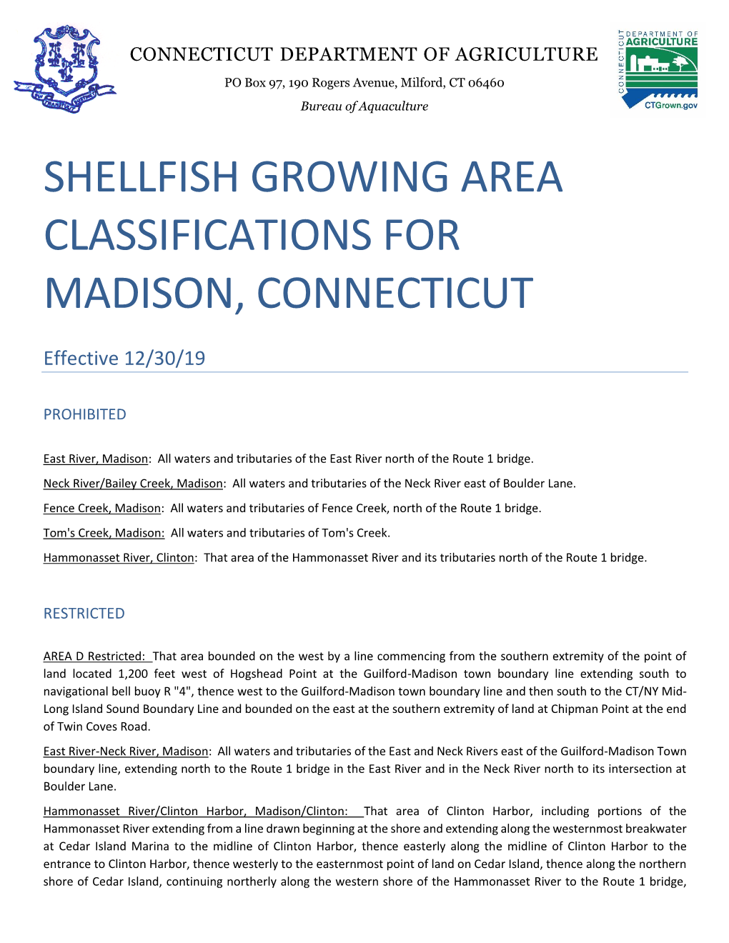 Shellfish Growing Area Classifications for Madison, Connecticut