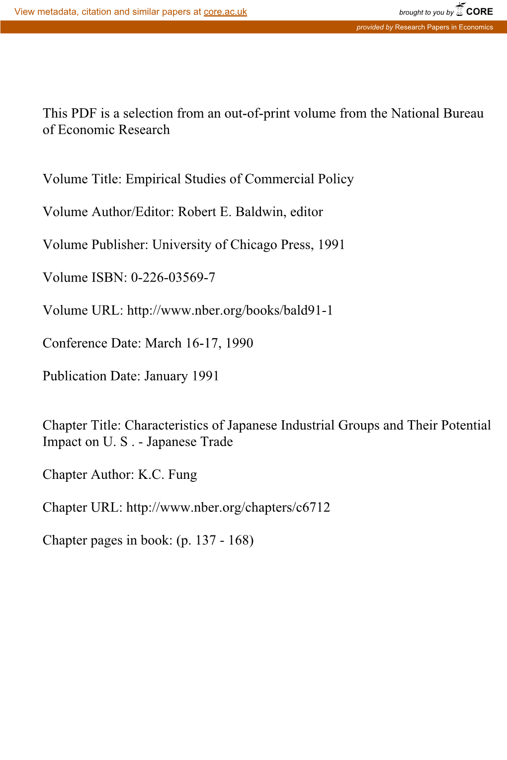 Characteristics of Japanese Industrial Groups and Their Potential Impact on U