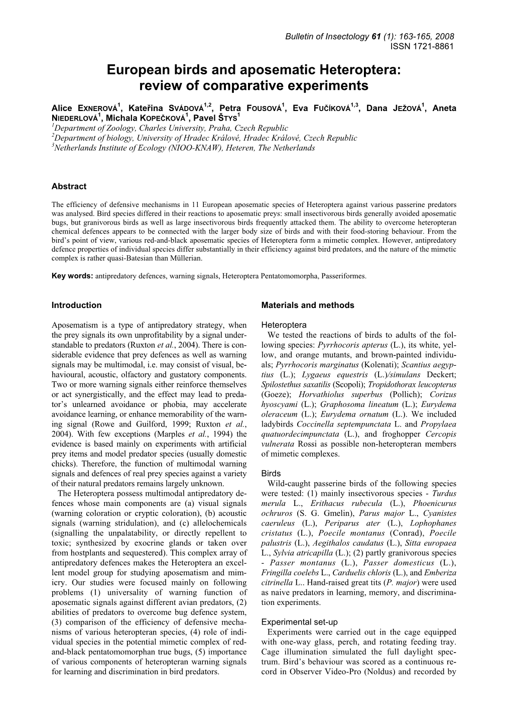 European Birds and Aposematic Heteroptera: Review of Comparative Experiments