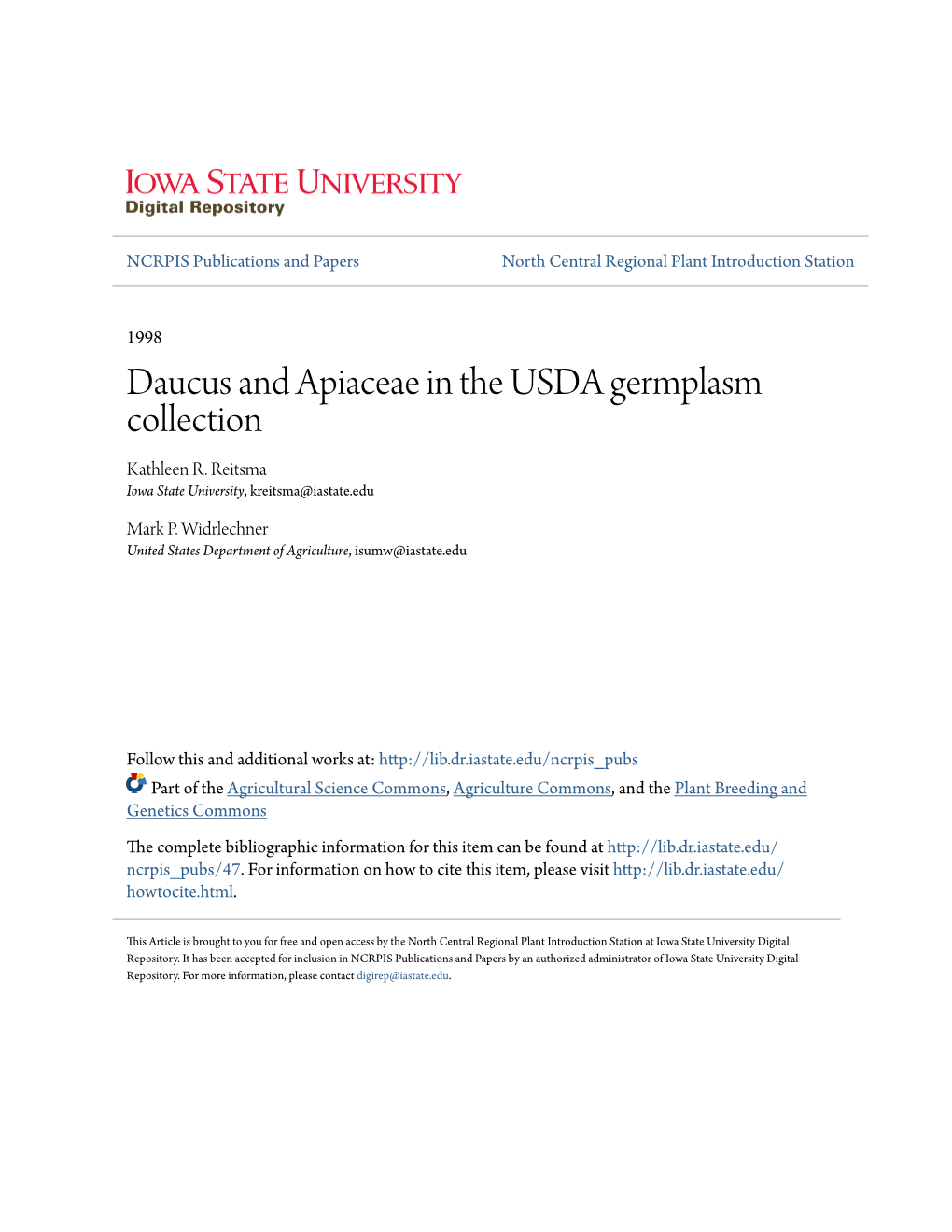 Daucus and Apiaceae in the USDA Germplasm Collection Kathleen R