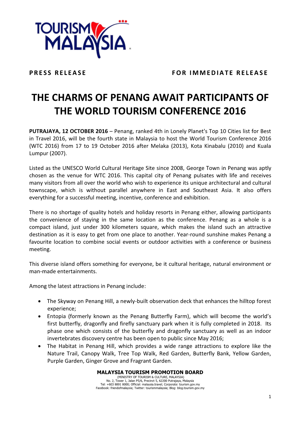 The Charms of Penang Await Participants of the World Tourism Conference 2016