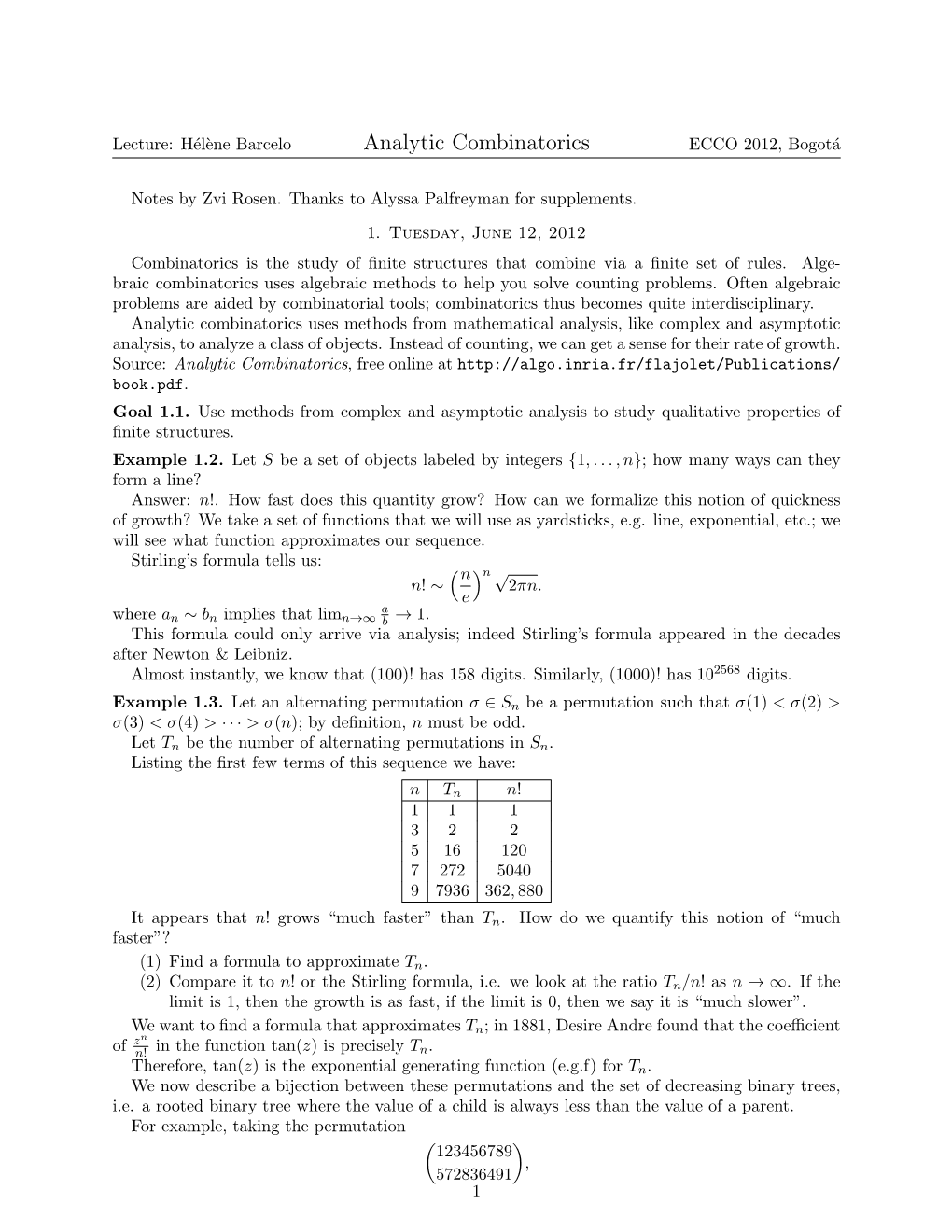 Analytic Combinatorics ECCO 2012, Bogot´A