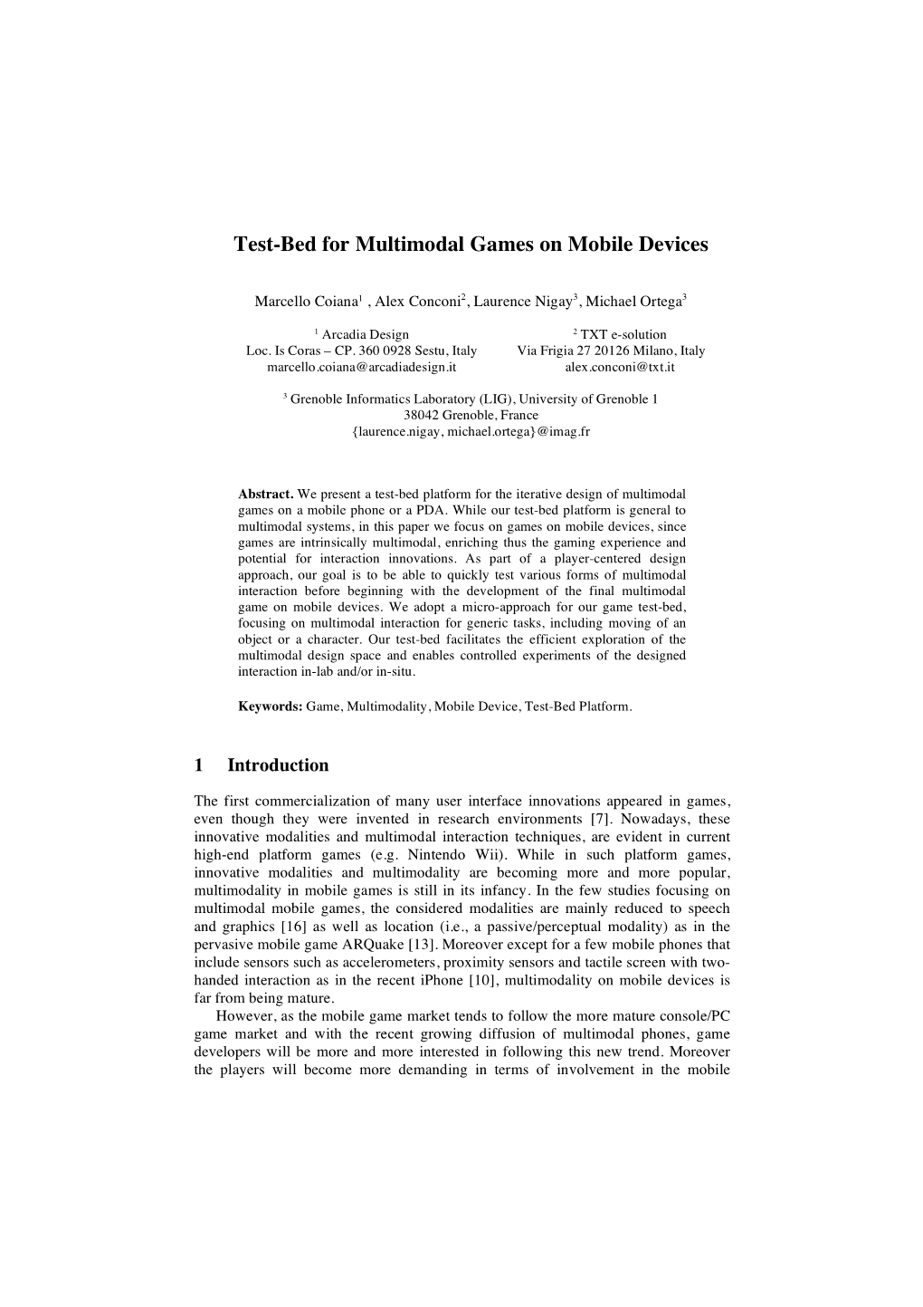 Test-Bed for Multimodal Games on Mobile Devices