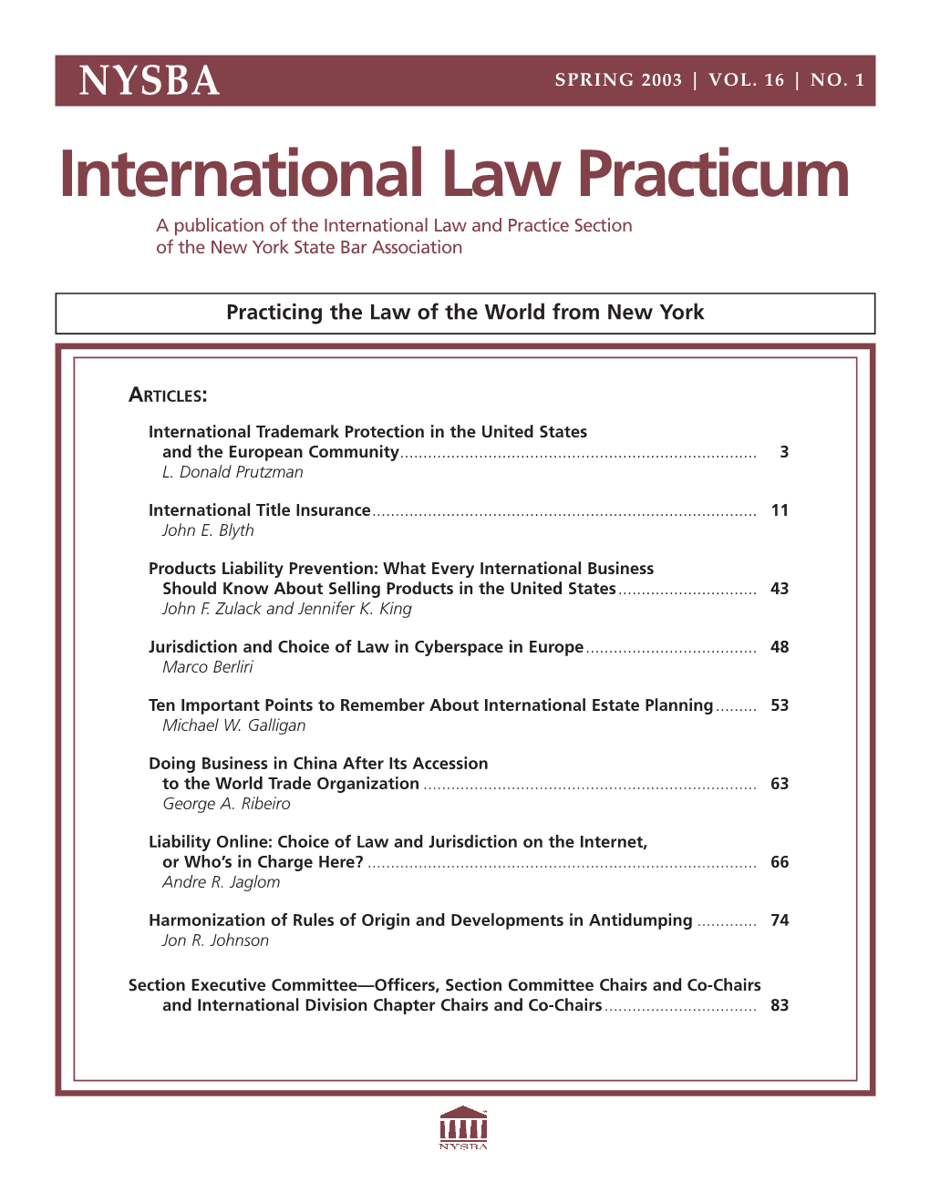 International Law Practicum a Publication of the International Law and Practice Section of the New York State Bar Association