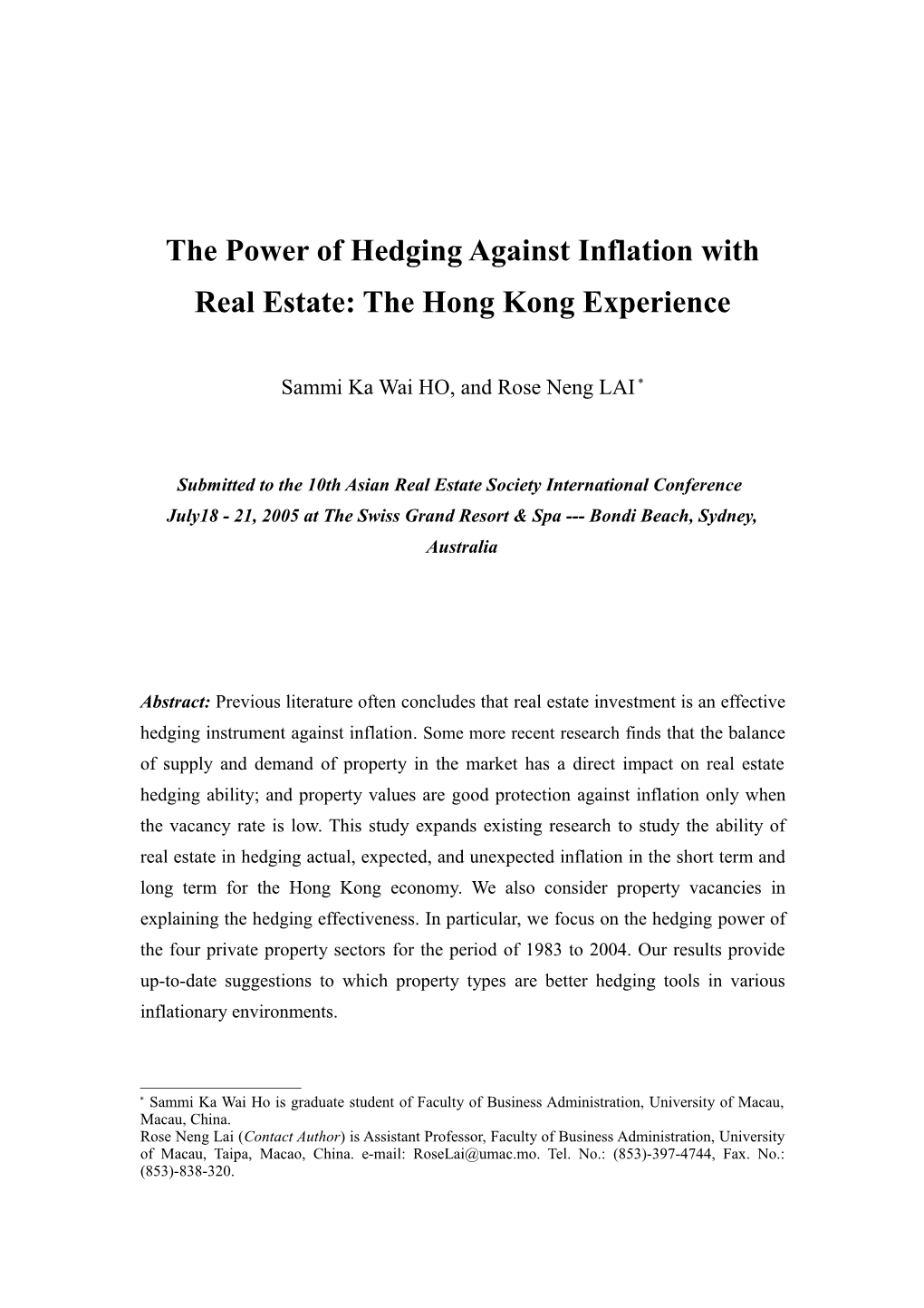 The Power of Hedging Against Inflation with Real Estate: the Hong Kong Experience