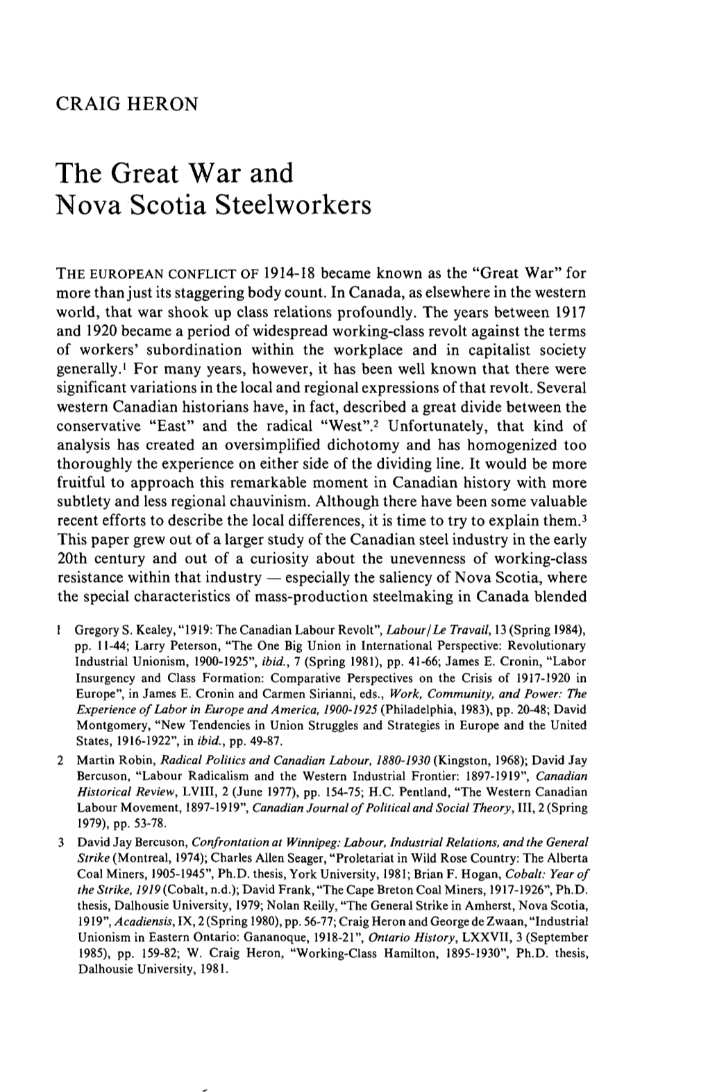 The Great War and Nova Scotia Steelworkers