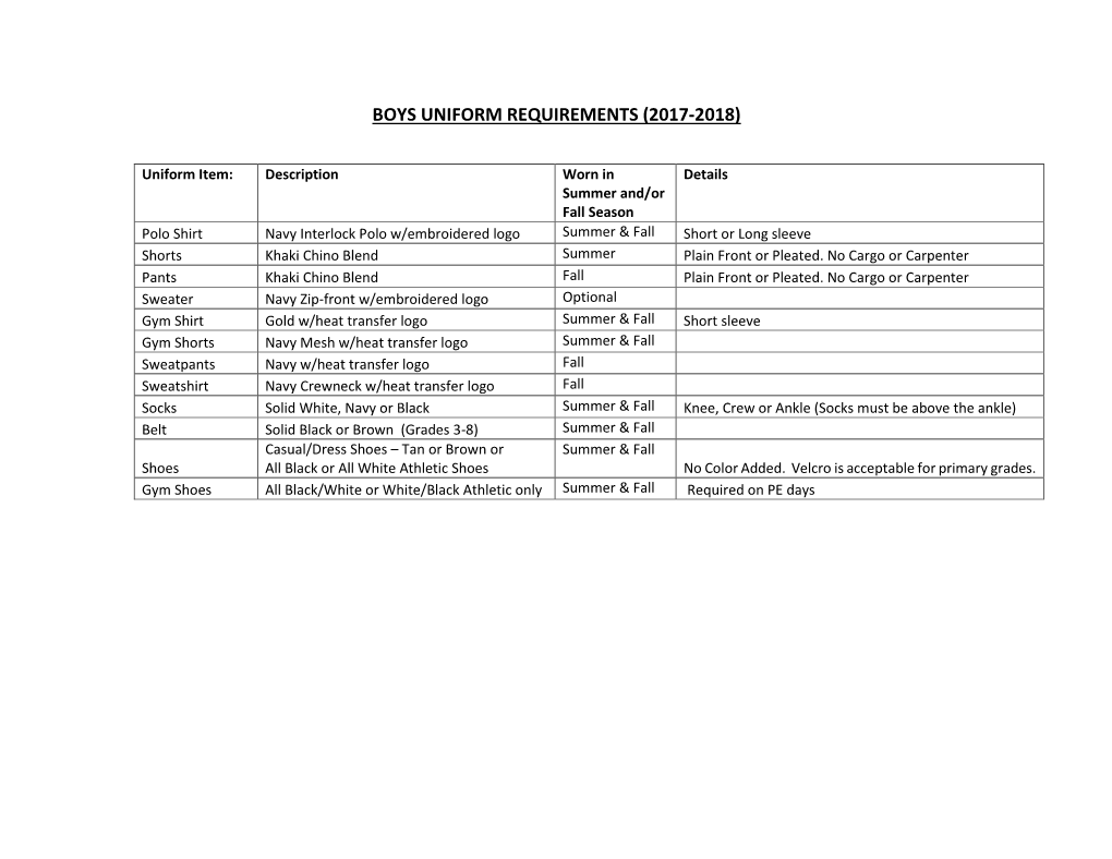 Boys Uniform Requirements (2017-2018)