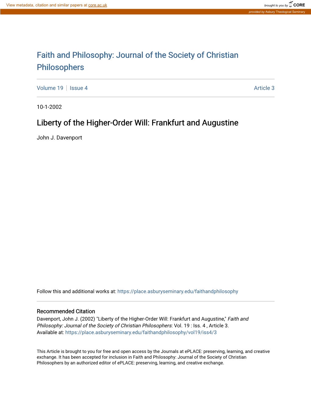 Liberty of the Higher-Order Will: Frankfurt and Augustine