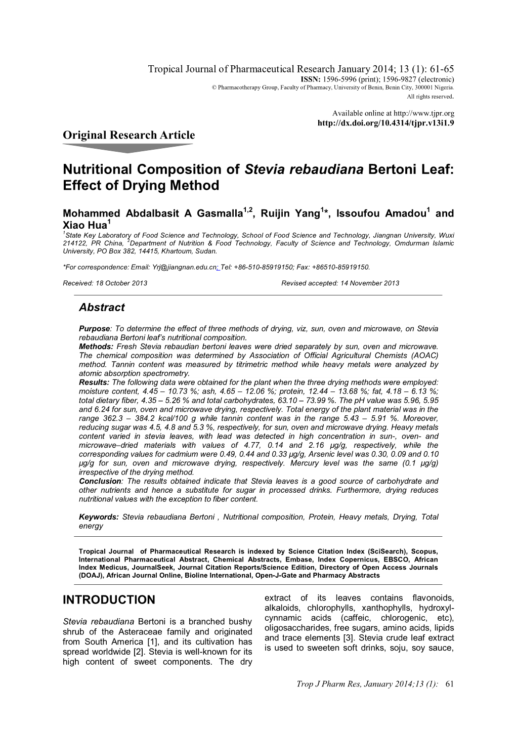 Nutritional Composition of Stevia Rebaudiana Bertoni Leaf: Effect of Drying Method