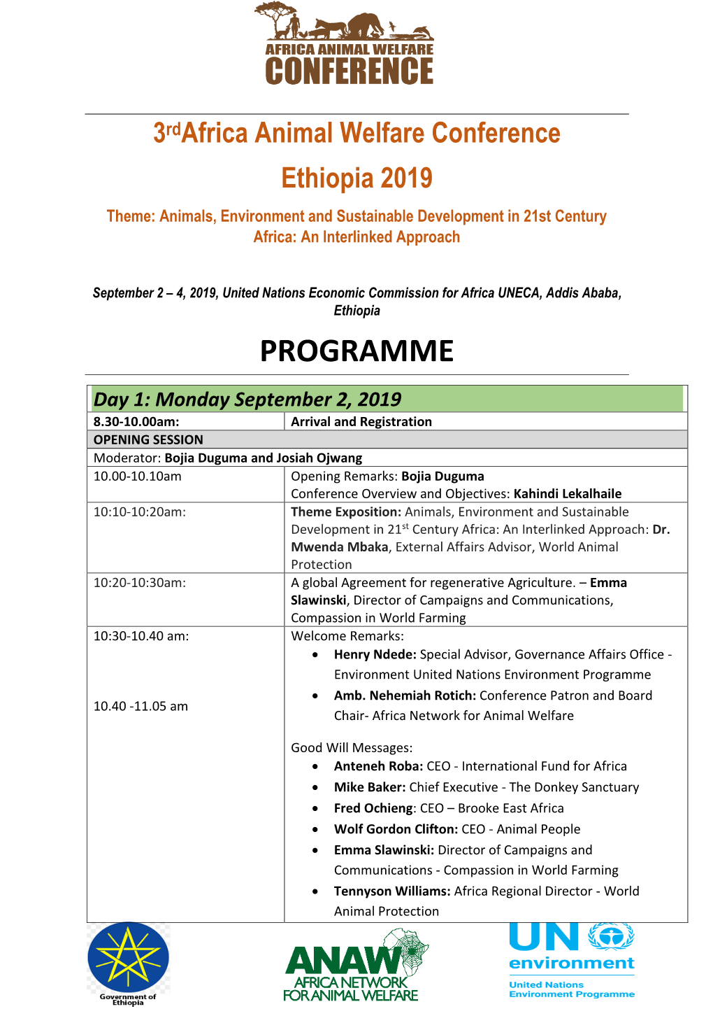 3Rdafrica Animal Welfare Conference Ethiopia 2019 Theme: Animals, Environment and Sustainable Development in 21St Century Africa: an Interlinked Approach
