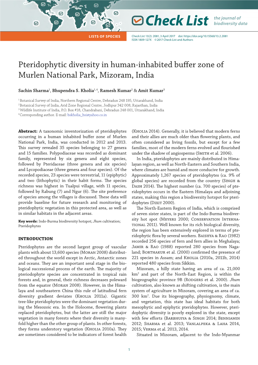 Pteridophytic Diversity in Human-Inhabited Buffer Zone of Murlen National Park, Mizoram, India