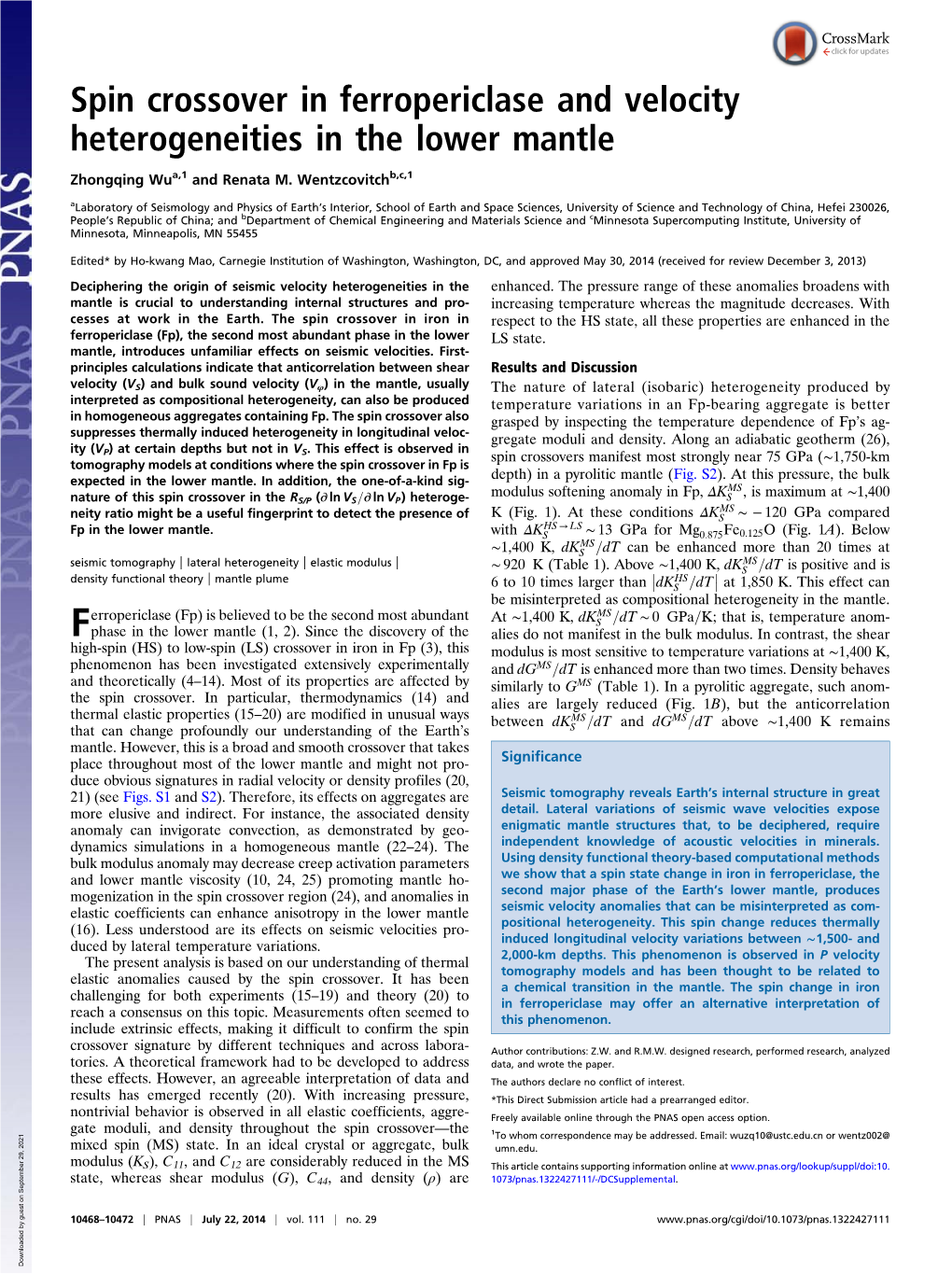 Spin Crossover in Ferropericlase and Velocity Heterogeneities in the Lower Mantle