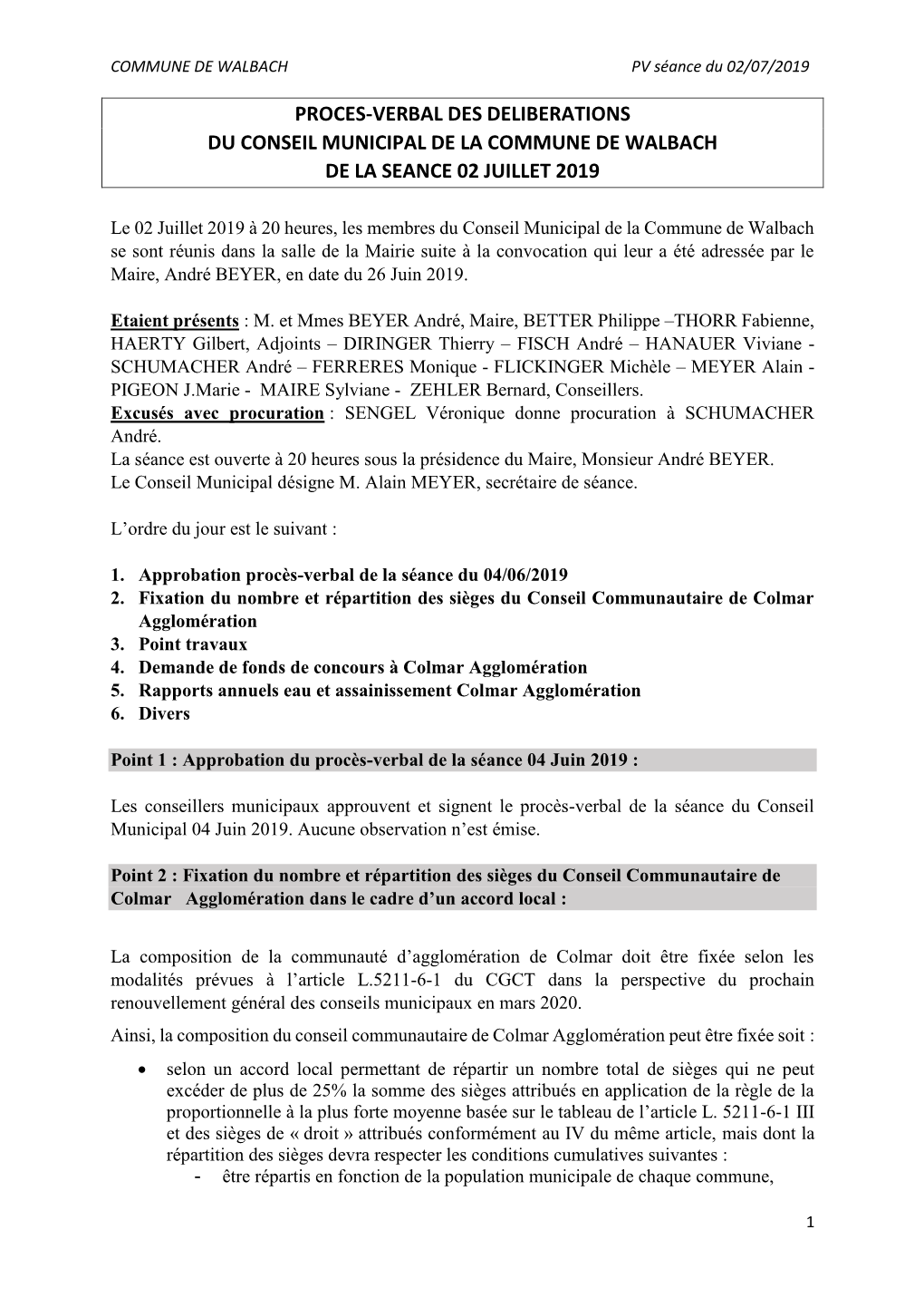 Proces-Verbal Des Deliberations Du Conseil Municipal De La Commune De Walbach De La Seance 02 Juillet 2019