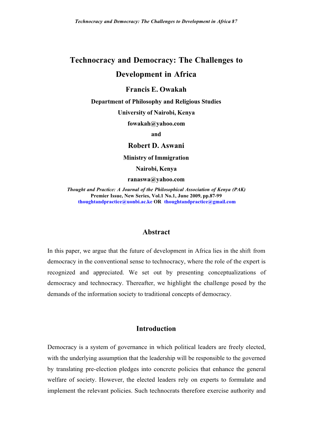 Technocracy and Democracy: the Challenges to Development in Africa 87