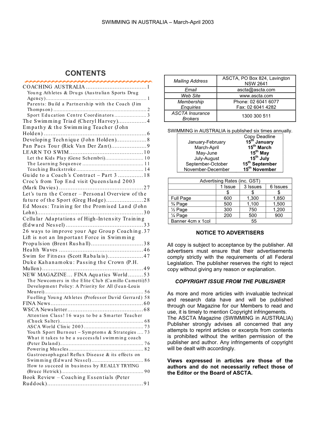 CONTENTS ASCTA, PO Box 824, Lavington Mailing Address NSW 2641 COACHING AUSTRALIA