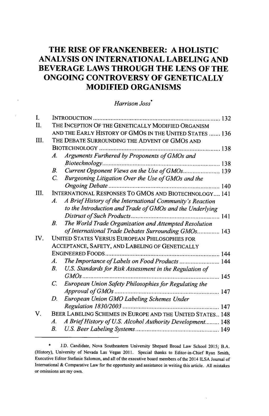 The Rise of Frankenbeer: a Holistic Analysis on International Labeling and Beverage Laws Through the Lens of the Ongoing Controversy of Genetically Modified Organisms