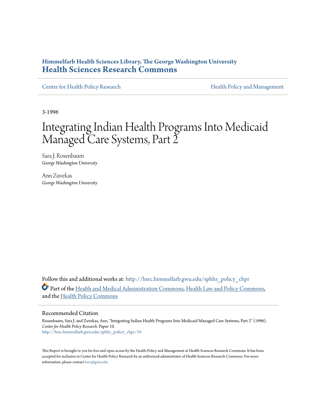 Integrating Indian Health Programs Into Medicaid Managed Care Systems, Part 2 Sara J