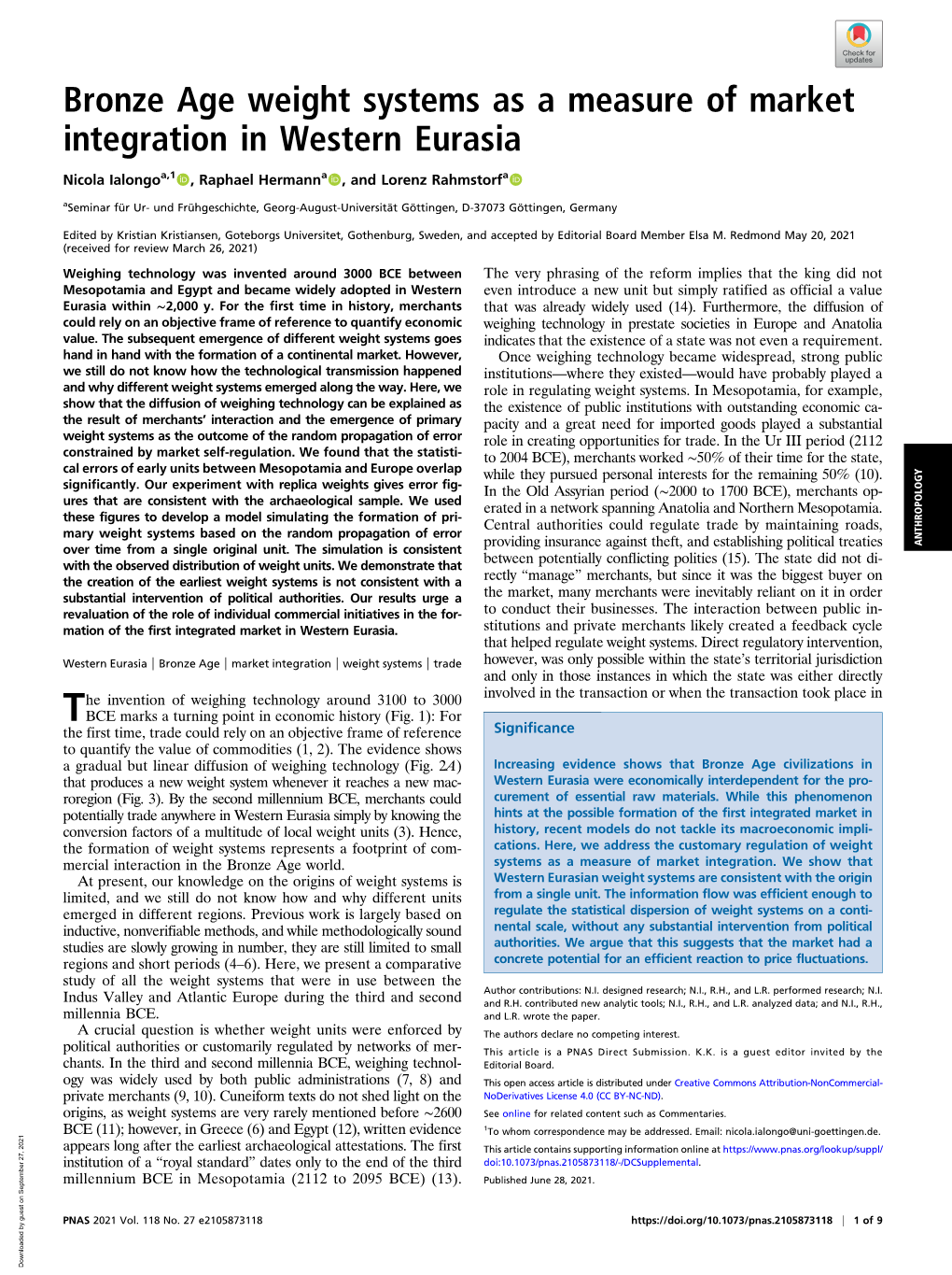 Bronze Age Weight Systems As a Measure of Market Integration in Western Eurasia