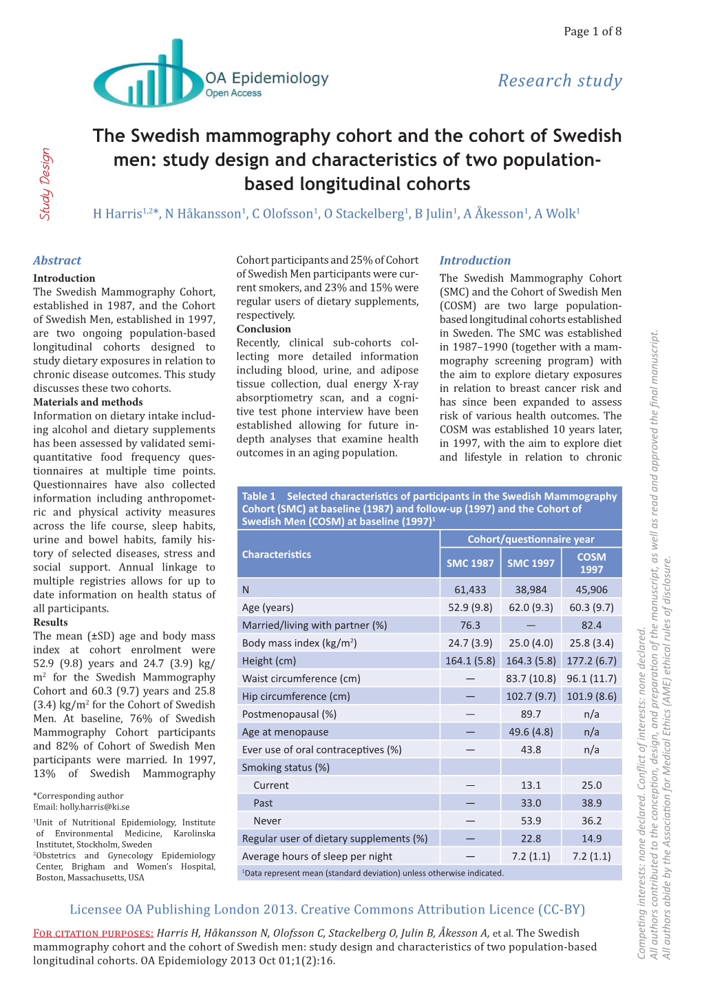 Research Study the Swedish Mammography Cohort and The