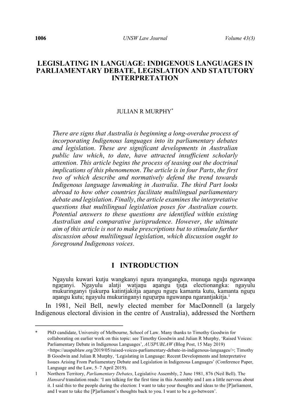 Indigenous Languages in Parliamentary Debate, Legislation and Statutory Interpretation