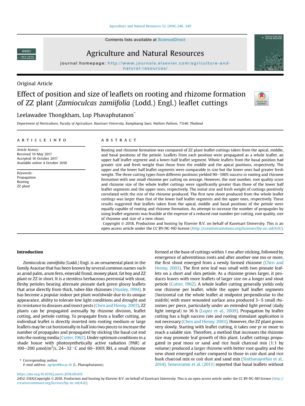 Effect of Position and Size of Leaflets on Rooting and Rhizome Formation of ZZ Plant (Zamioculcas Zamiifolia (Lodd.) Engl.) Leaf