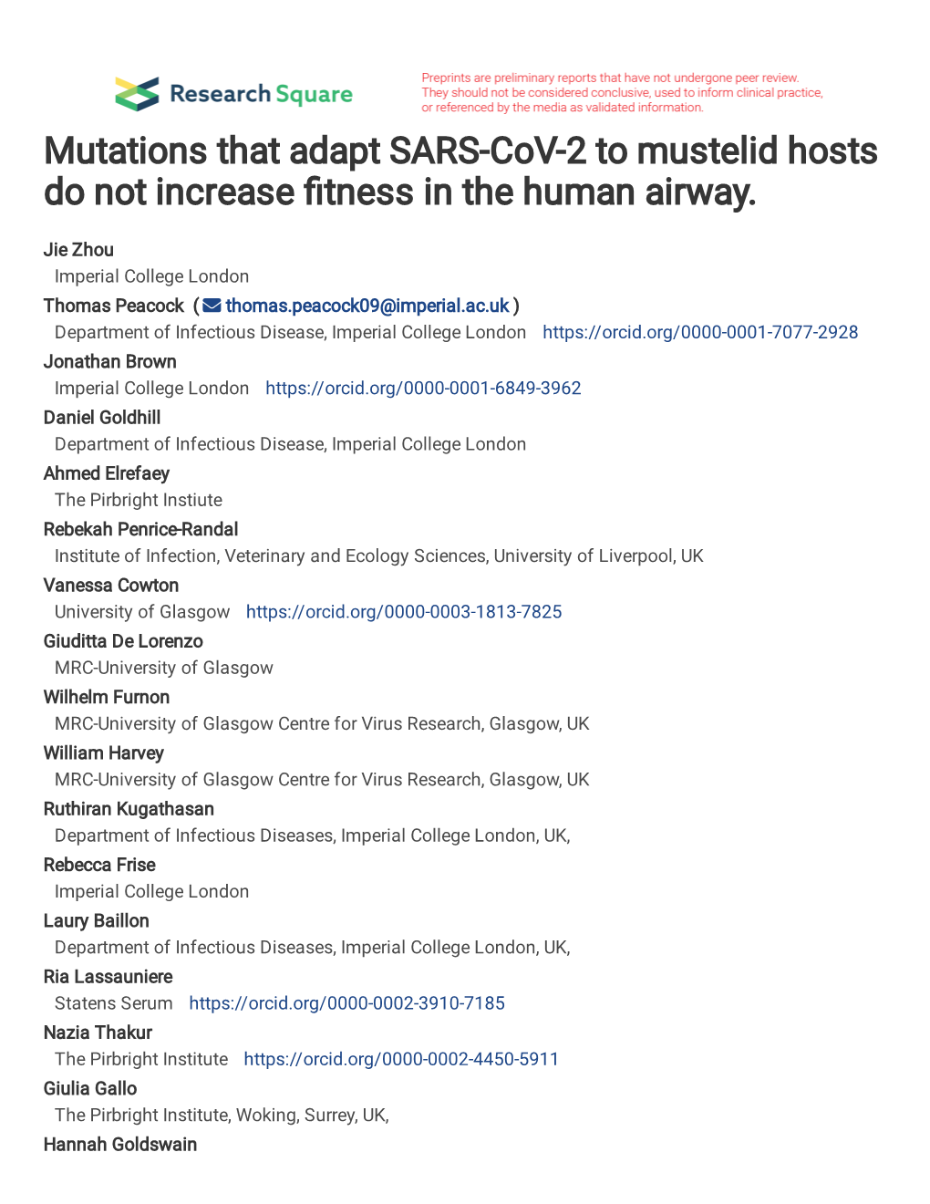 Mutations That Adapt SARS-Cov-2 to Mustelid Hosts Do Not Increase �Tness in the Human Airway