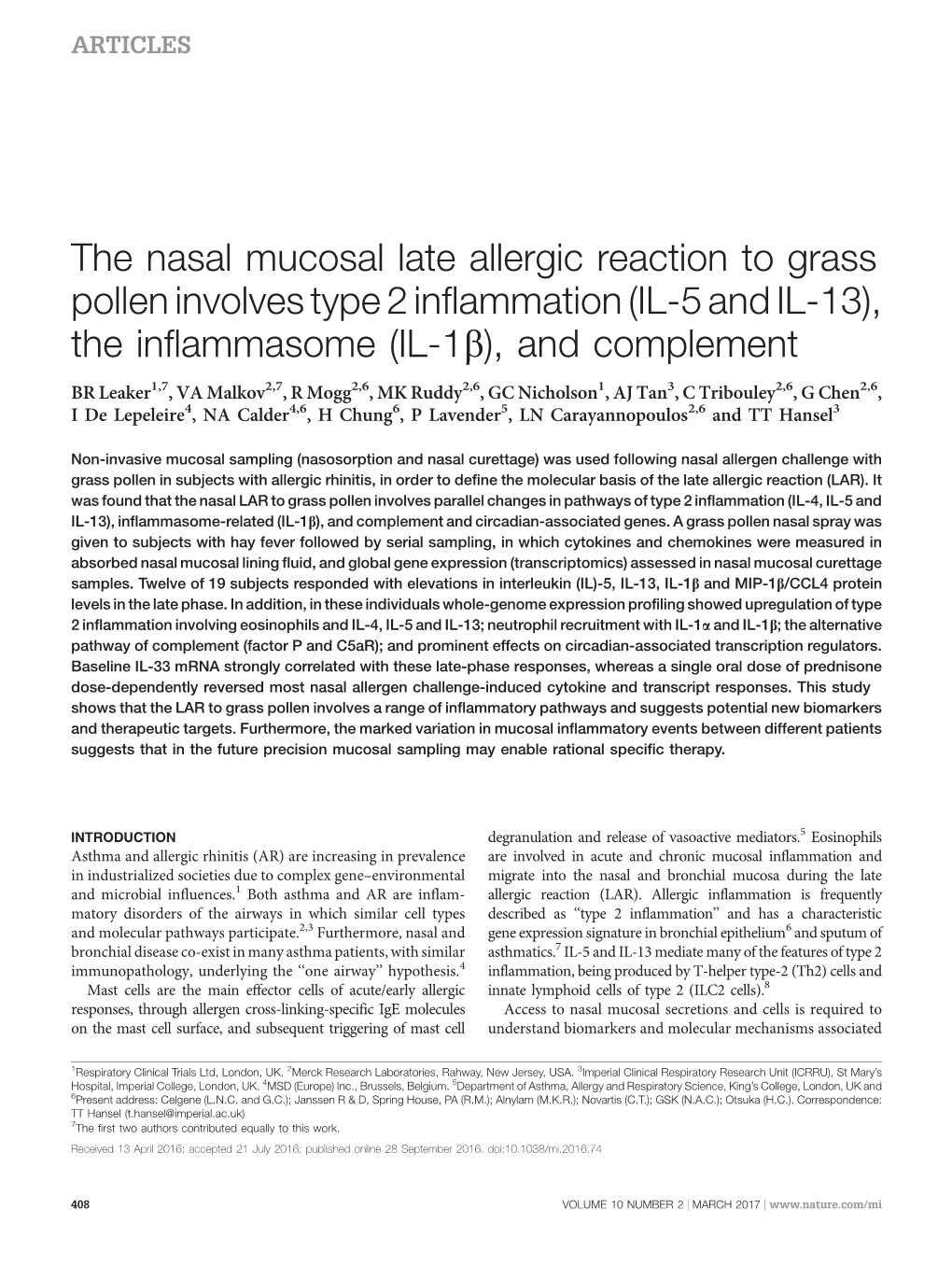 The Nasal Mucosal Late Allergic Reaction to Grass Pollen Involves Type 2 Inflammation (IL-5 and IL-13), the Inflammasome (IL-1B), and Complement